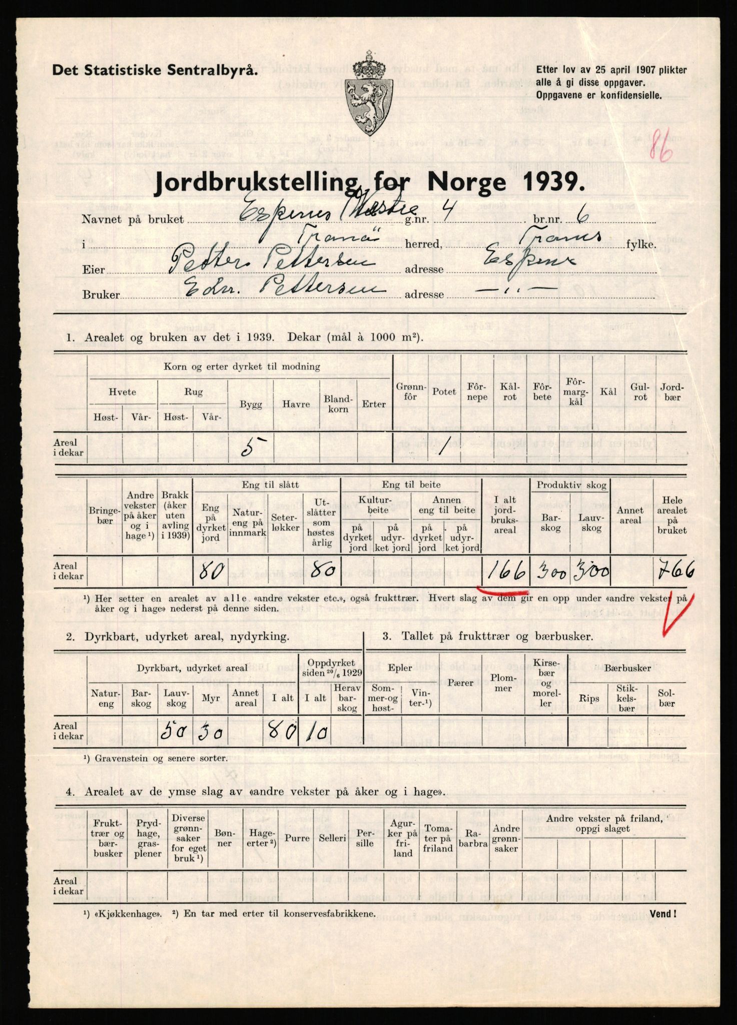 Statistisk sentralbyrå, Næringsøkonomiske emner, Jordbruk, skogbruk, jakt, fiske og fangst, AV/RA-S-2234/G/Gb/L0341: Troms: Sørreisa og Tranøy, 1939, p. 1648