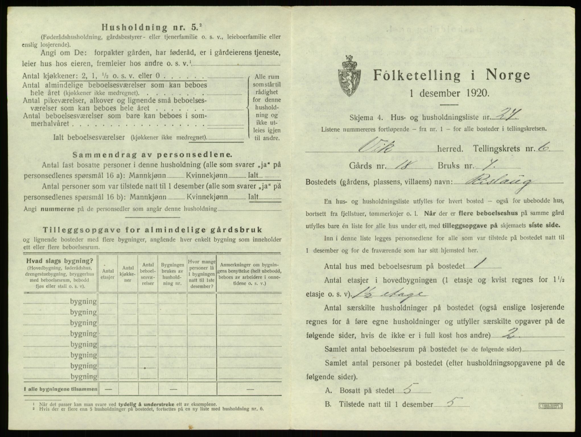 SAB, 1920 census for Vik, 1920, p. 748