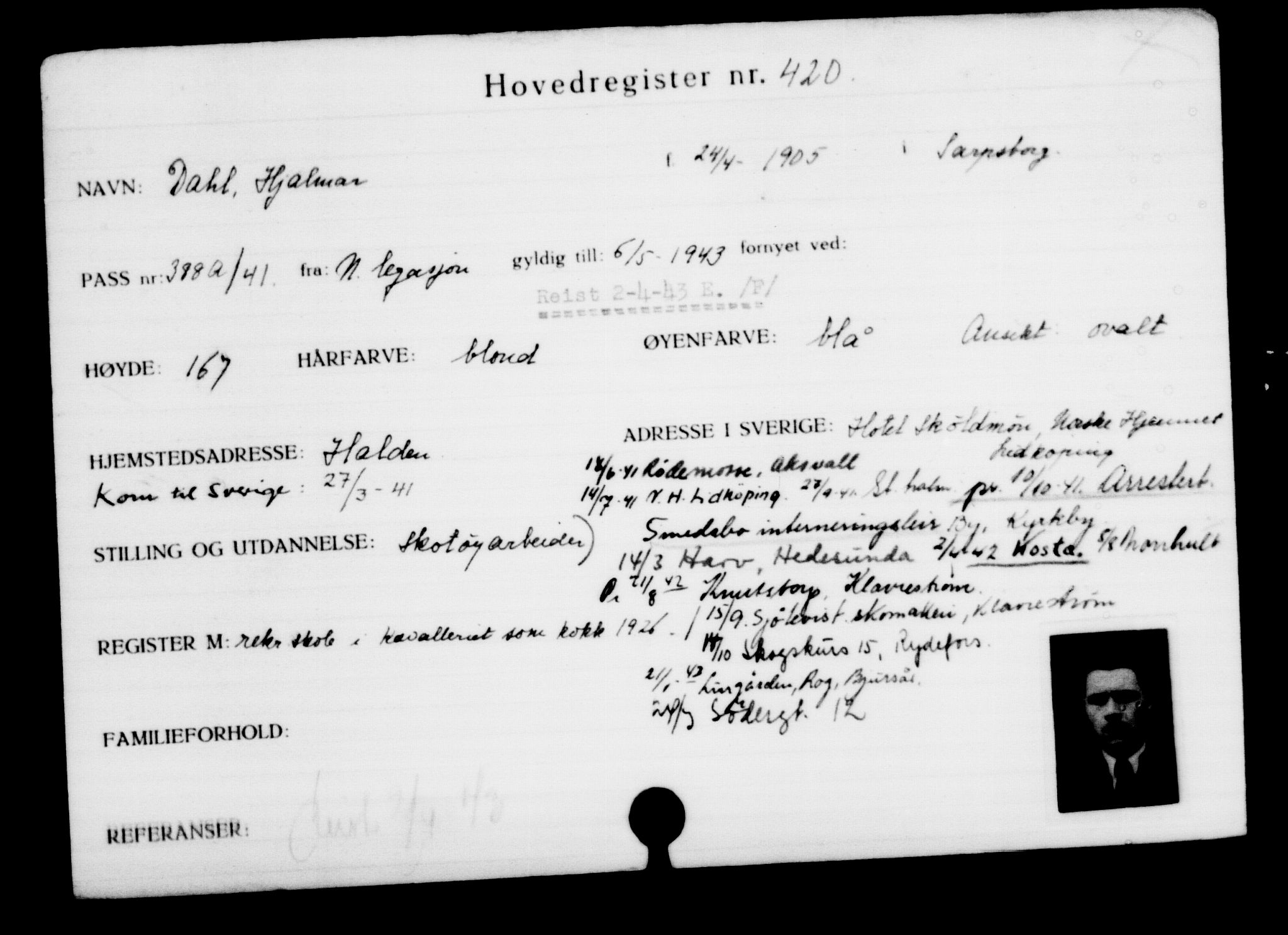 Utenriksstasjonene, Legasjonen i Stockholm, Flyktningkontoret, AV/RA-S-6753/V/Va/L0001: Kjesäterkartoteket, flyktninger med registreringsnr. 1-1000, 1940-1945, p. 657