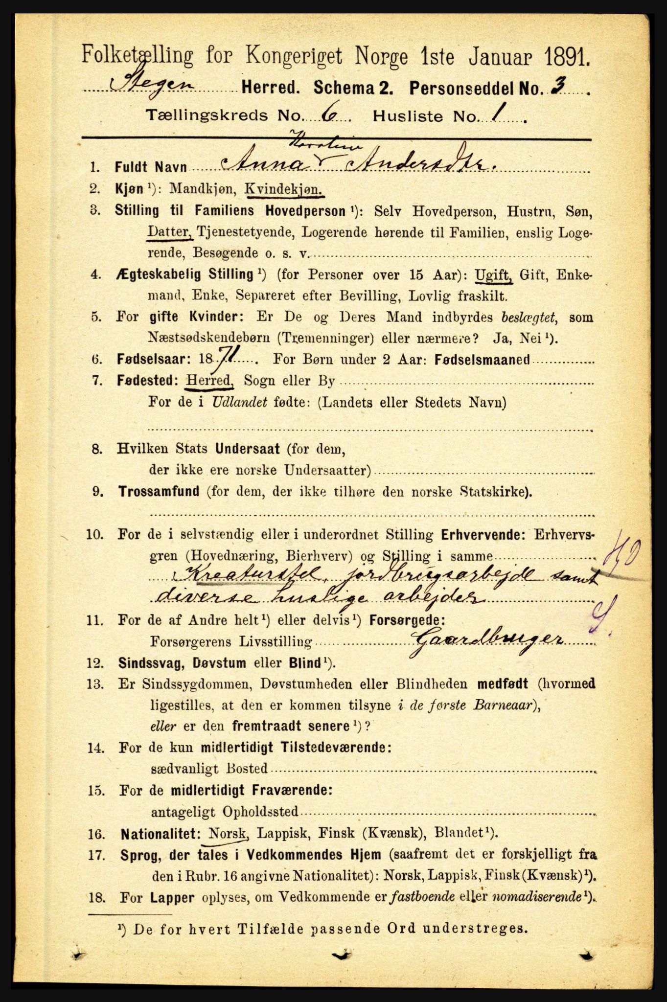 RA, 1891 census for 1848 Steigen, 1891, p. 2027