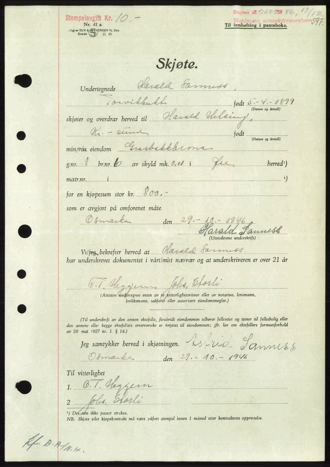 Nordmøre sorenskriveri, AV/SAT-A-4132/1/2/2Ca: Mortgage book no. A103, 1946-1947, Diary no: : 2622/1946