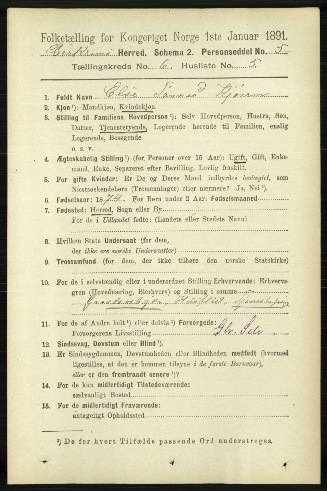 RA, 1891 census for 1114 Bjerkreim, 1891, p. 2102