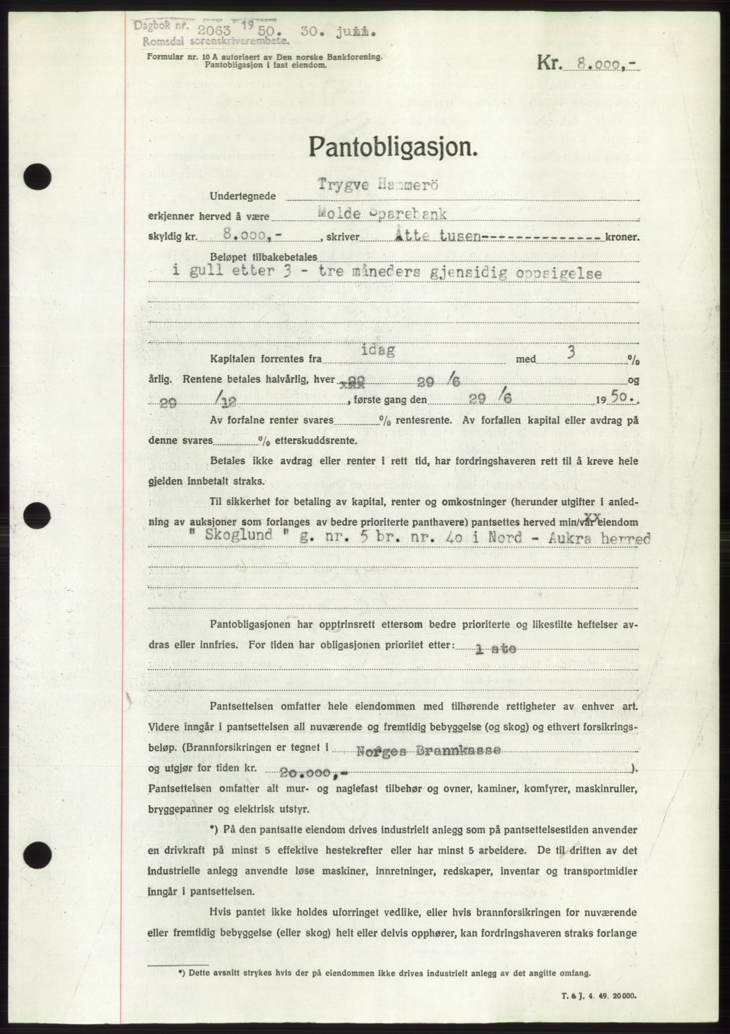 Romsdal sorenskriveri, AV/SAT-A-4149/1/2/2C: Mortgage book no. B5, 1949-1950, Diary no: : 2063/1950