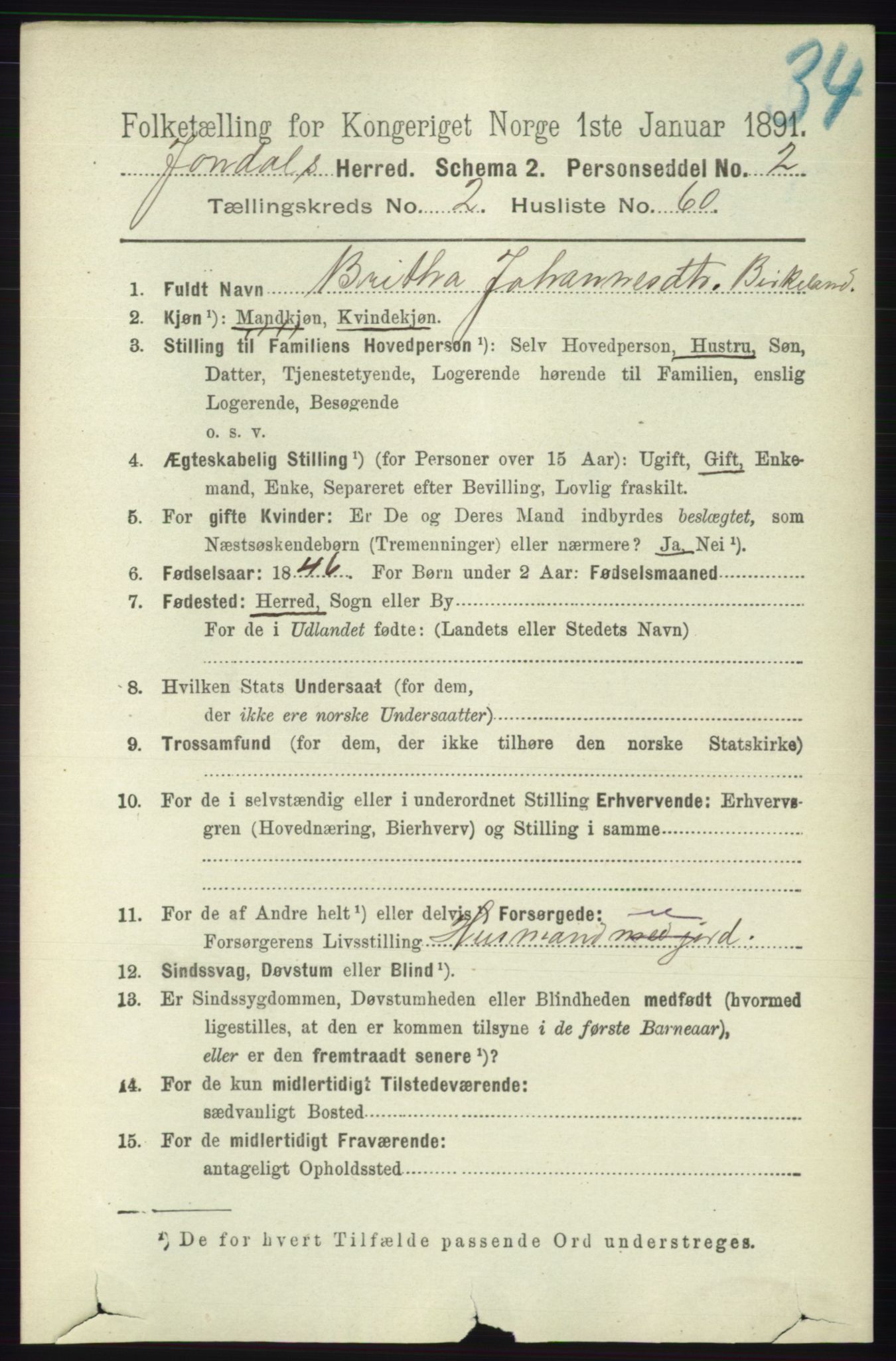 RA, 1891 census for 1227 Jondal, 1891, p. 1171