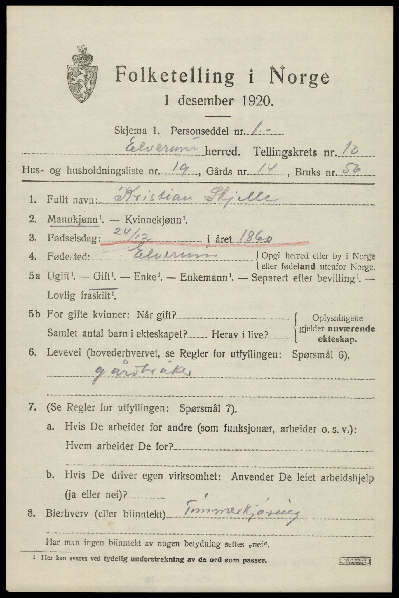 SAH, 1920 census for Elverum, 1920, p. 16056