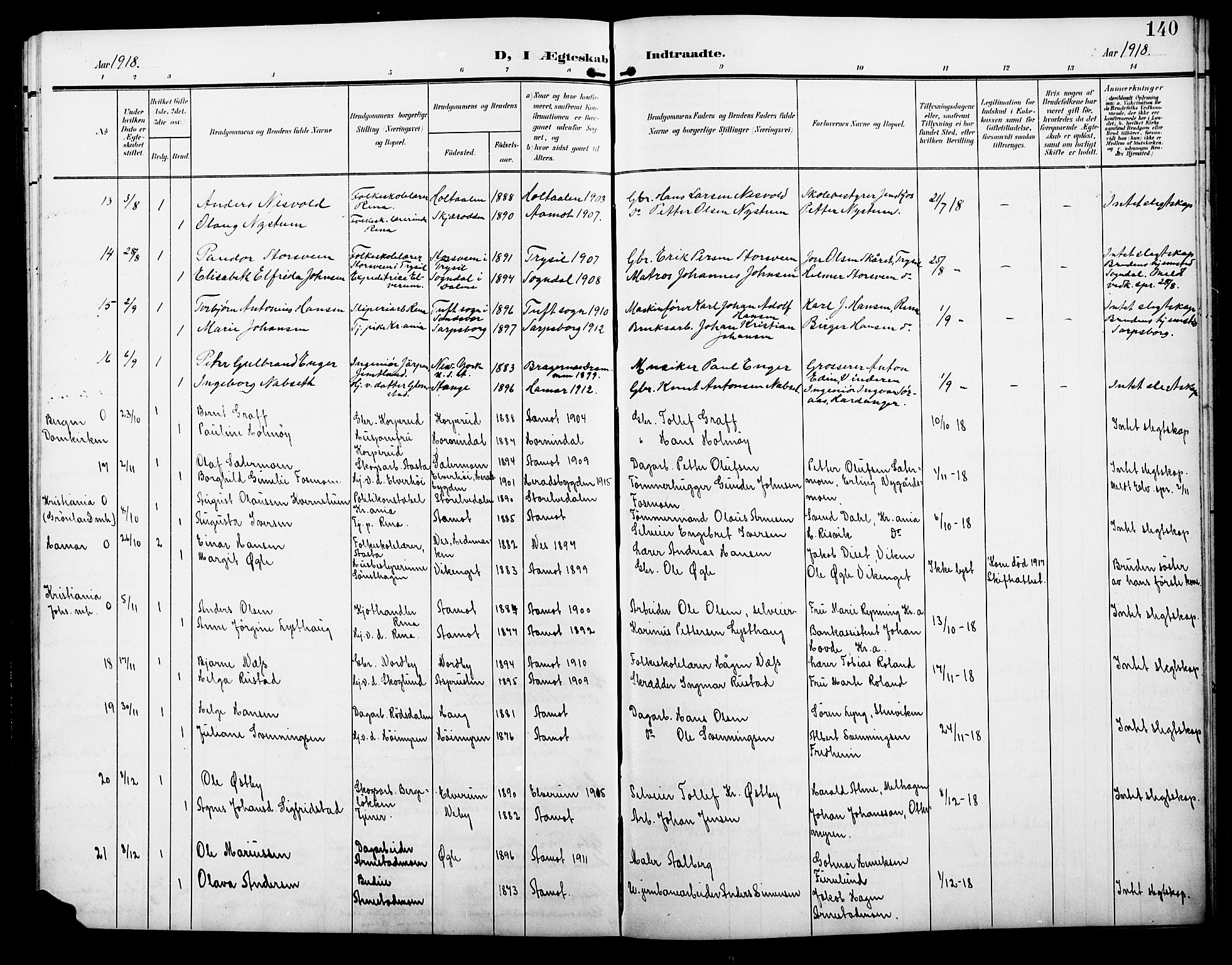 Åmot prestekontor, Hedmark, AV/SAH-PREST-056/H/Ha/Hab/L0004: Parish register (copy) no. 4, 1905-1920, p. 140