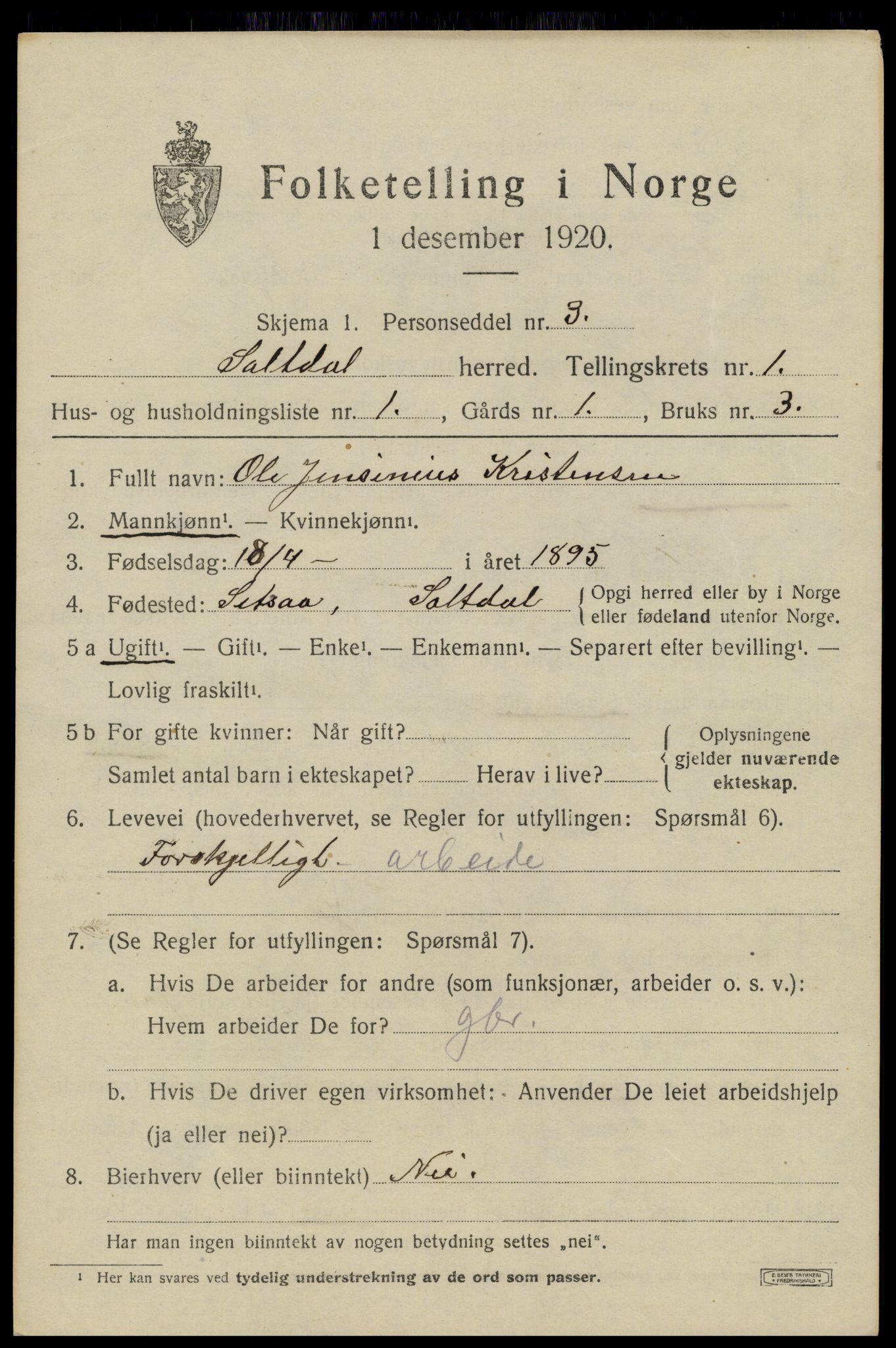 SAT, 1920 census for Saltdal, 1920, p. 1231