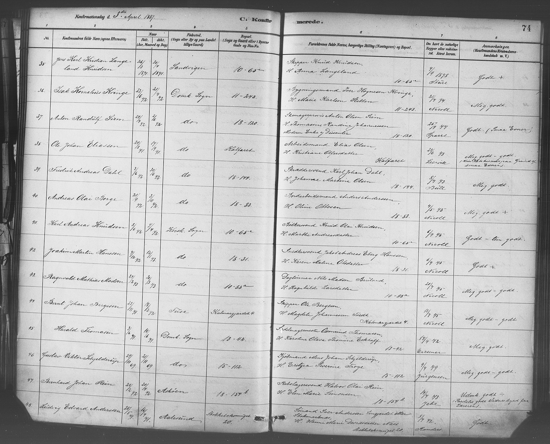 Domkirken sokneprestembete, AV/SAB-A-74801/H/Haa/L0030: Parish register (official) no. C 5, 1880-1898, p. 74