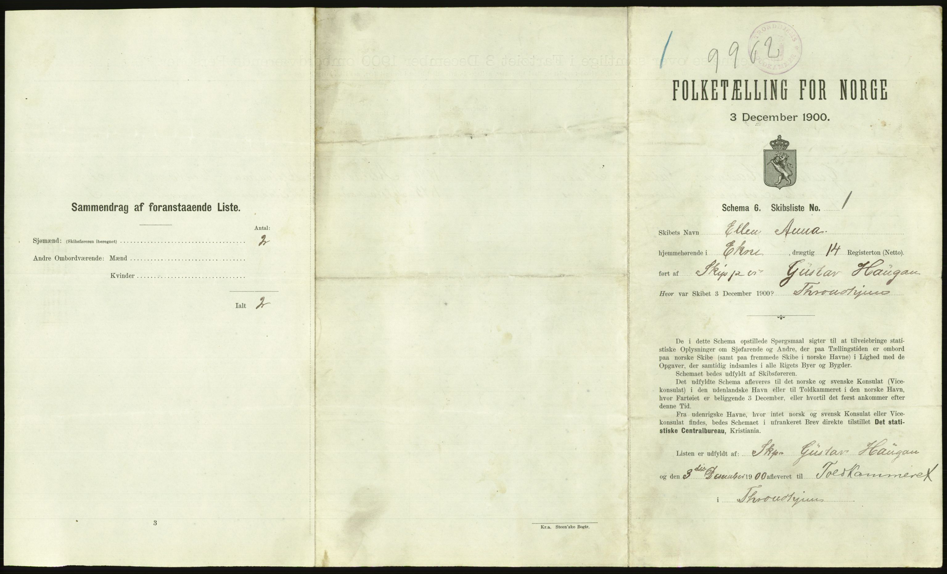 RA, 1900 Census - ship lists from ships in Norwegian harbours, harbours abroad and at sea, 1900, p. 2297