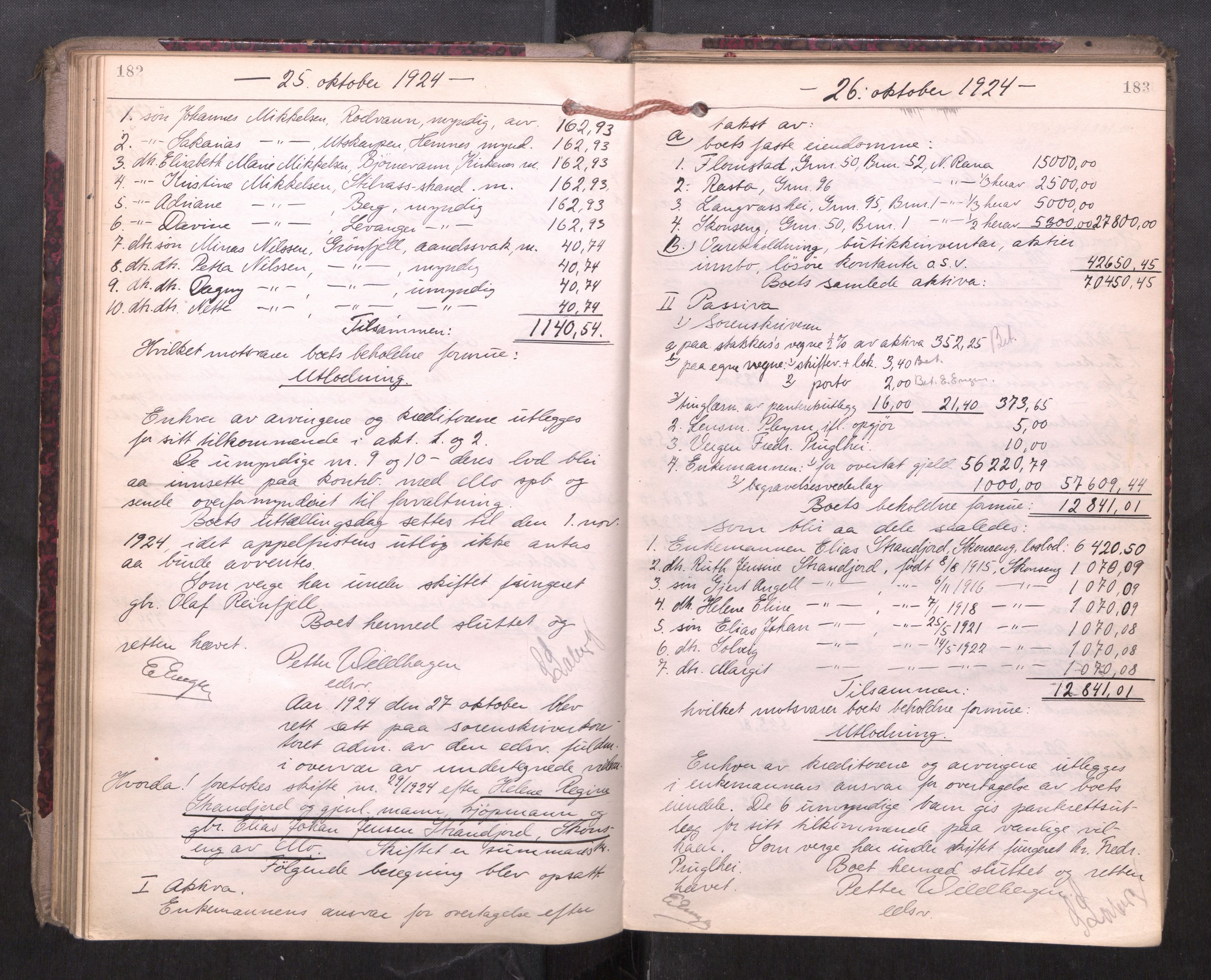Rana sorenskriveri , AV/SAT-A-1108/1/3/3A/L0010: Skifteslutningsprotokoll, 1921-1927, p. 182-183