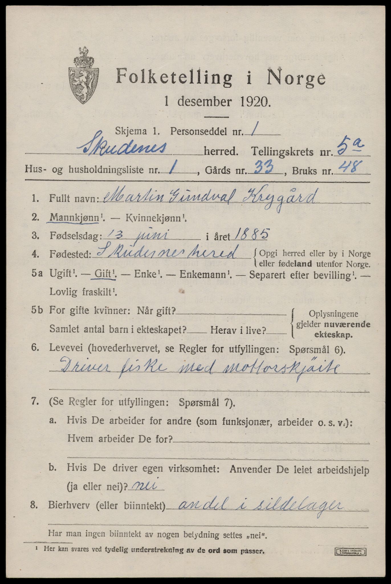 SAST, 1920 census for Skudenes, 1920, p. 3998