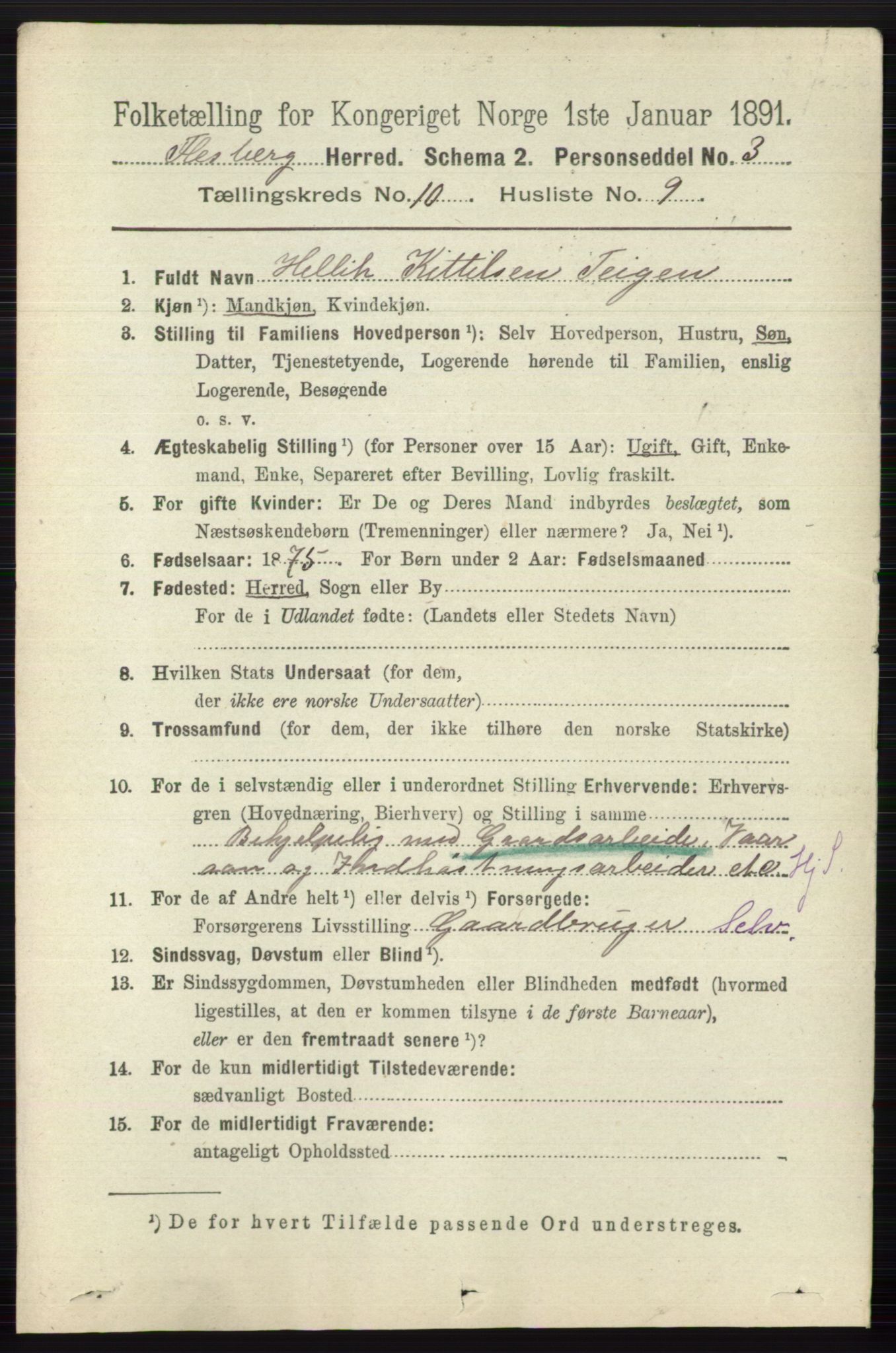 RA, 1891 census for 0631 Flesberg, 1891, p. 1708
