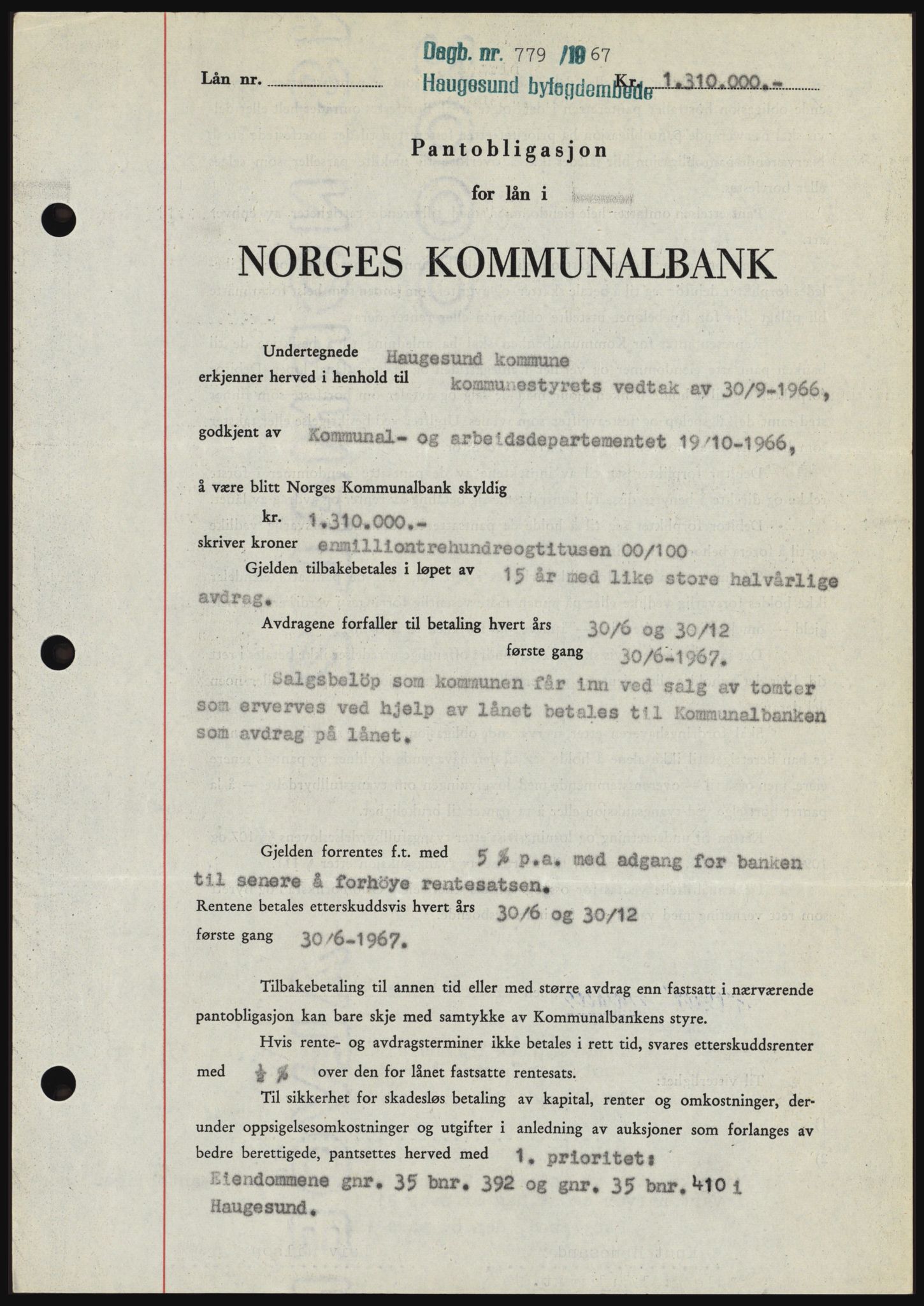 Haugesund tingrett, SAST/A-101415/01/II/IIC/L0056: Mortgage book no. B 56, 1966-1967, Diary no: : 779/1967