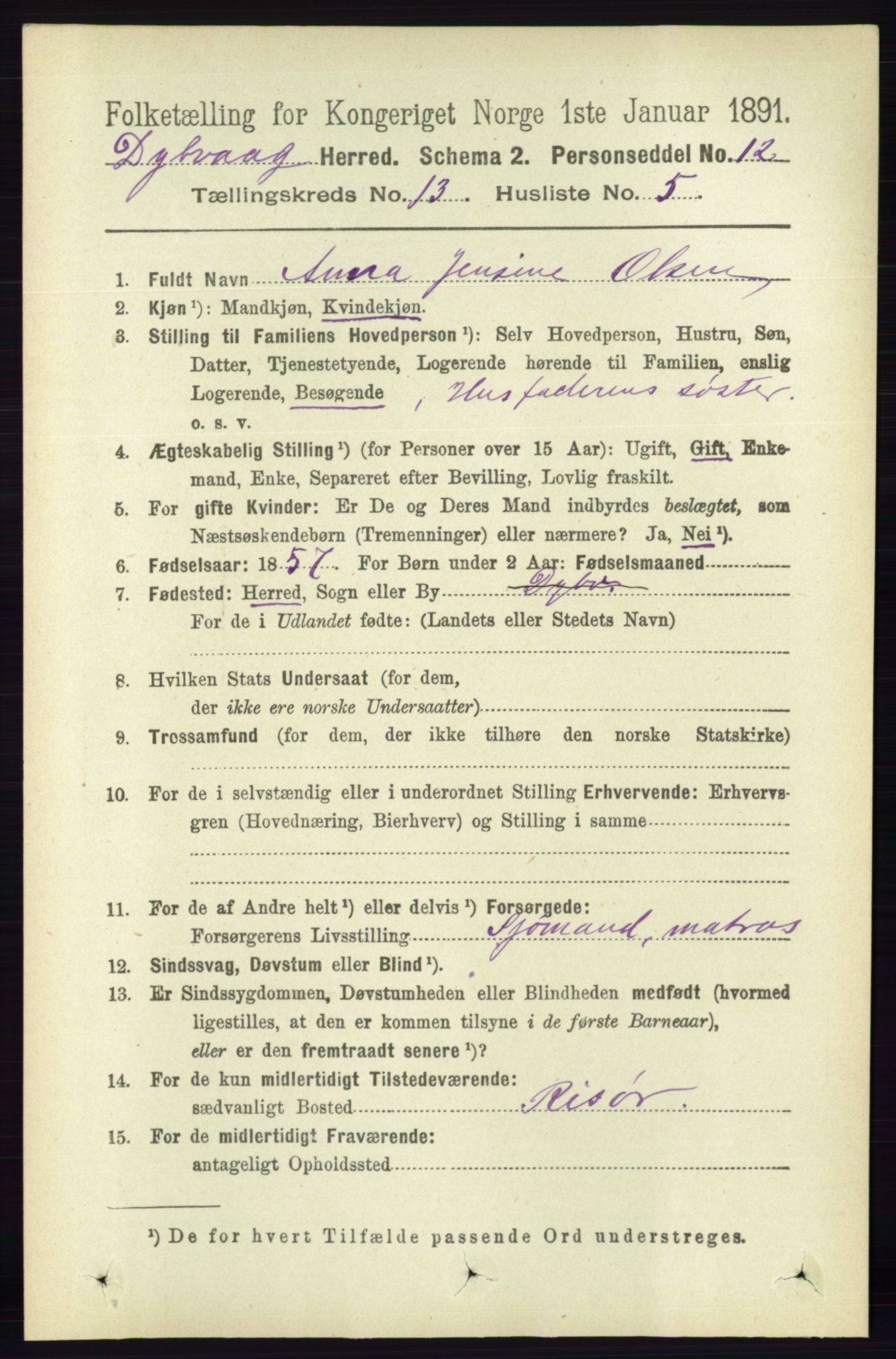 RA, 1891 census for 0915 Dypvåg, 1891, p. 5329