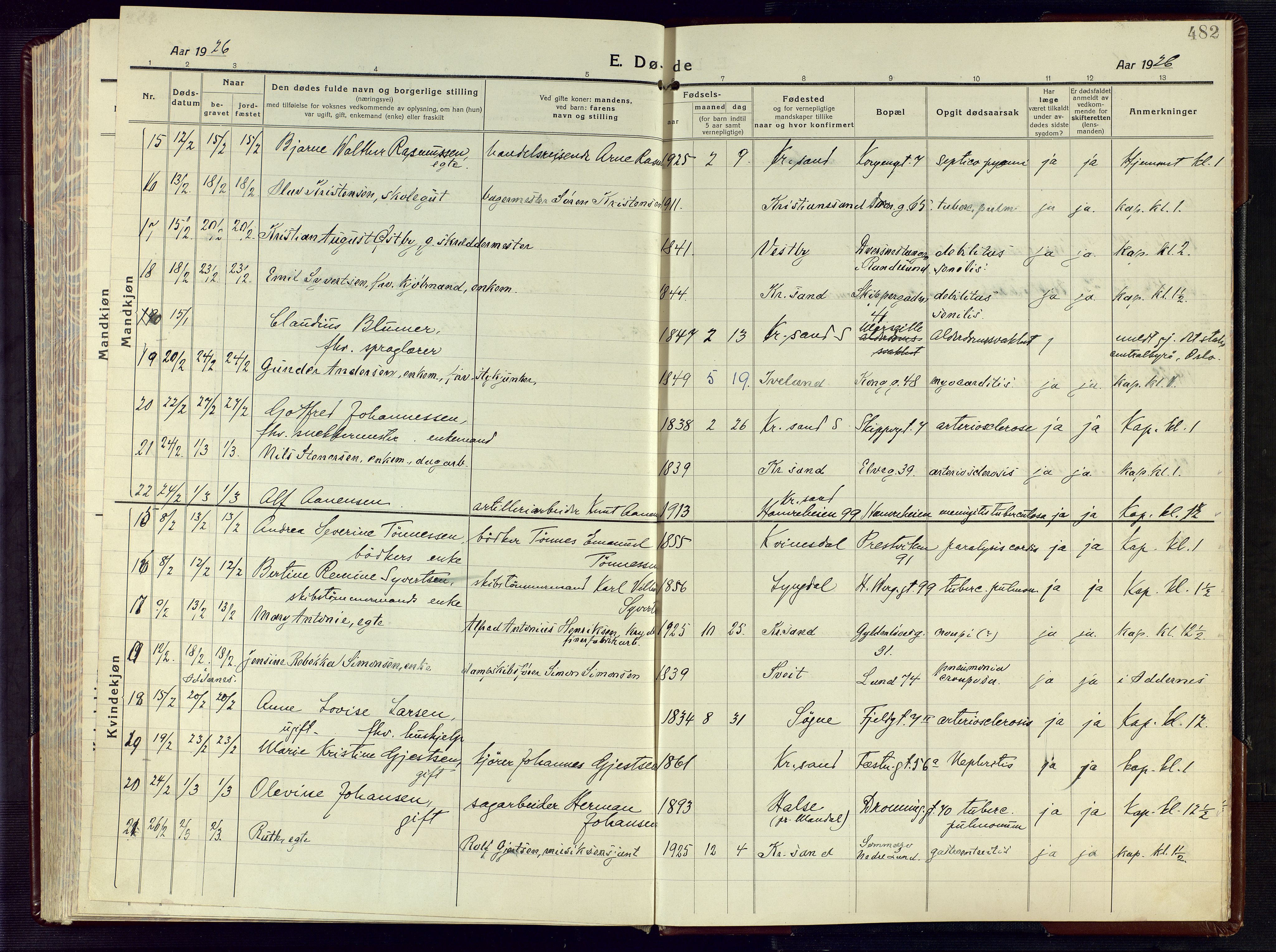 Kristiansand domprosti, AV/SAK-1112-0006/F/Fa/L0028: Parish register (official) no. A 27, 1917-1926, p. 482