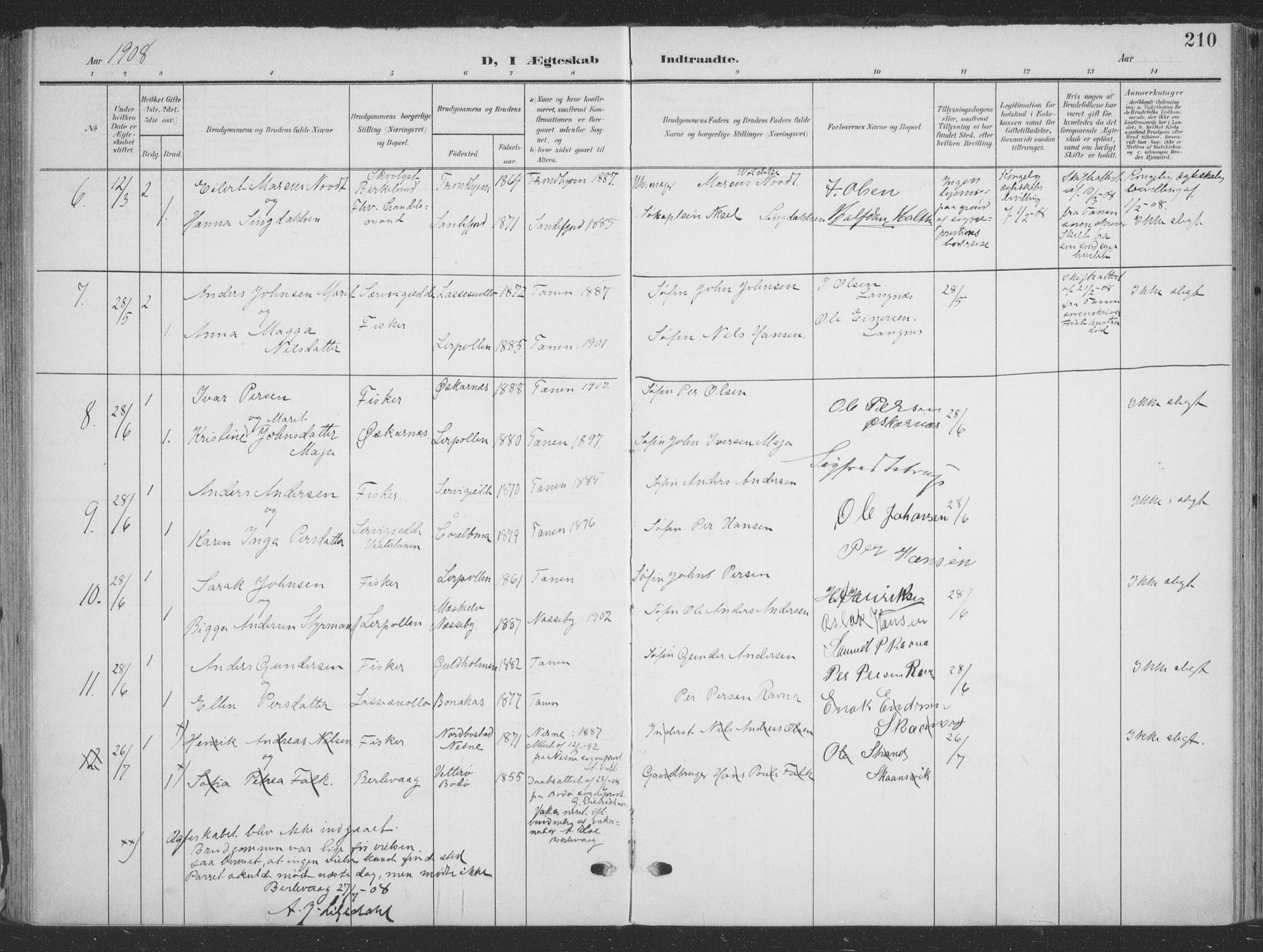 Tana sokneprestkontor, AV/SATØ-S-1334/H/Ha/L0007kirke: Parish register (official) no. 7, 1904-1918, p. 210