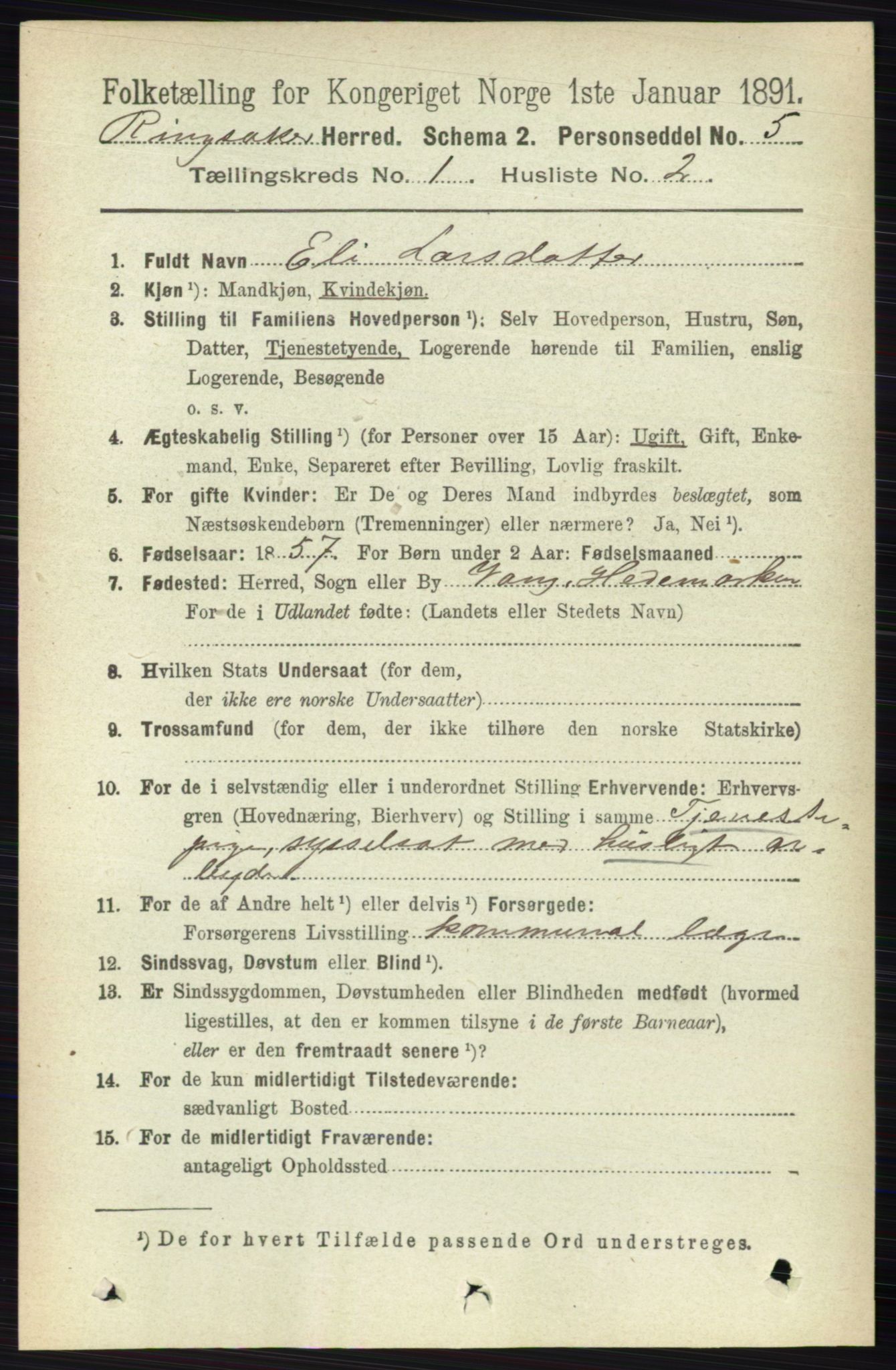 RA, 1891 census for 0412 Ringsaker, 1891, p. 185