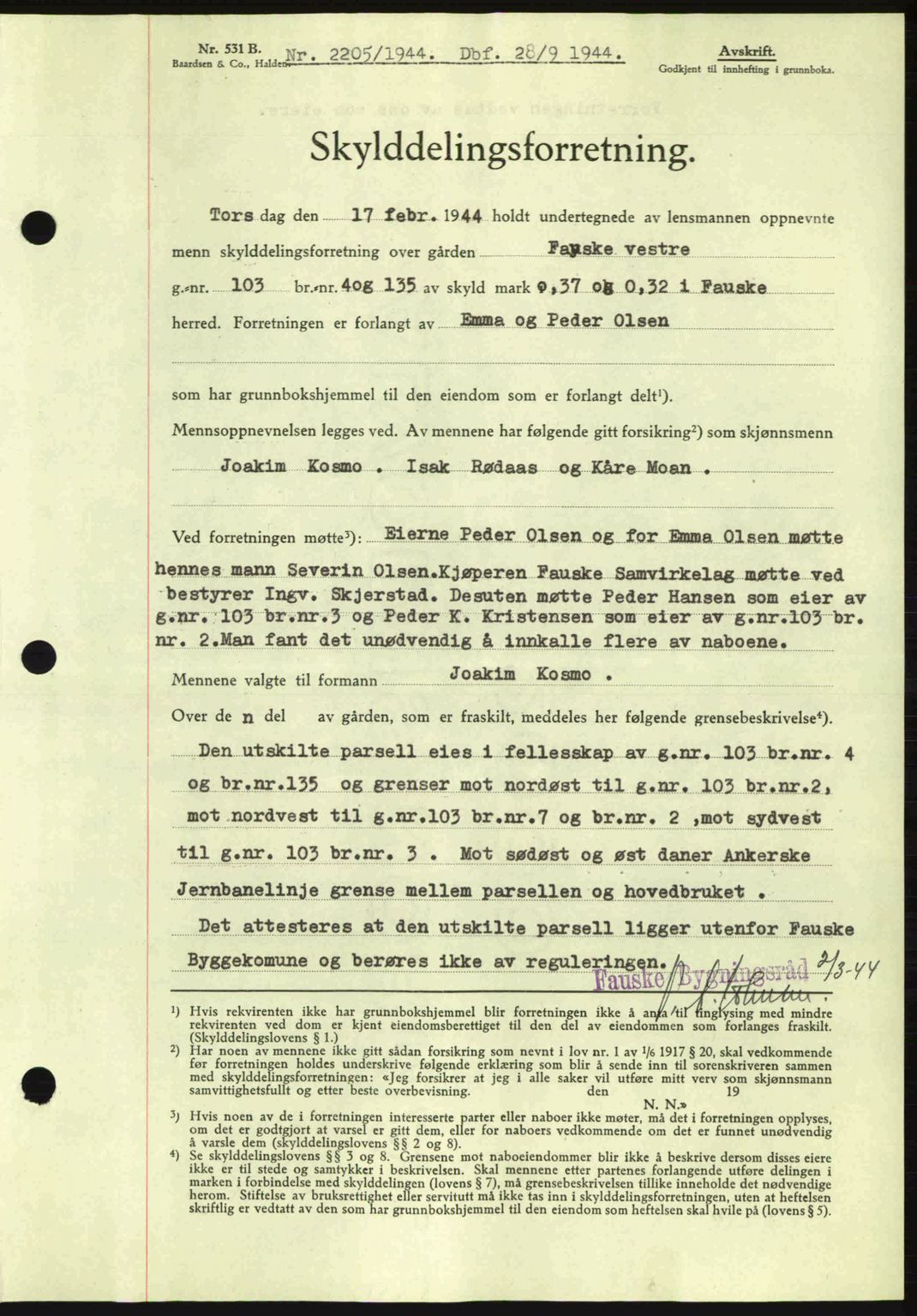 Salten sorenskriveri, SAT/A-4578/1/2/2C: Mortgage book no. A14-15, 1943-1945, Diary no: : 2205/1944