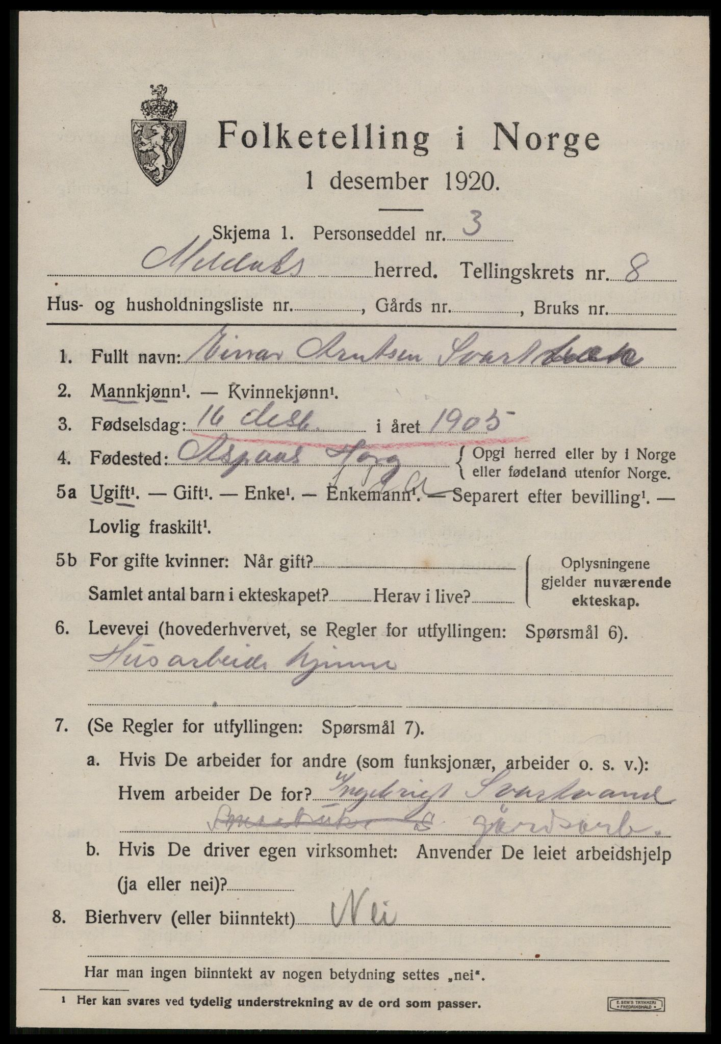 SAT, 1920 census for Meldal, 1920, p. 7497