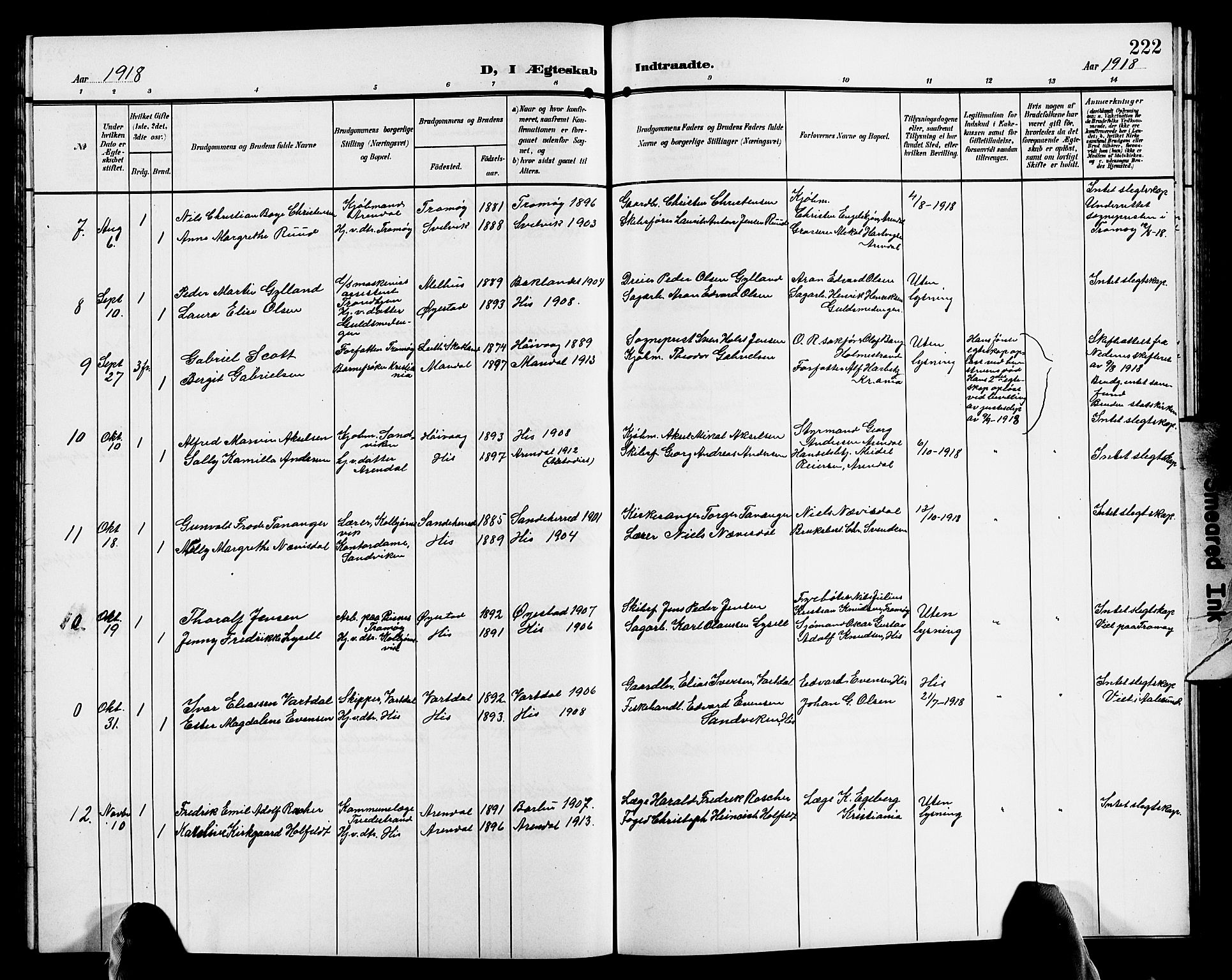 Hisøy sokneprestkontor, AV/SAK-1111-0020/F/Fb/L0004: Parish register (copy) no. B 4, 1905-1923, p. 222