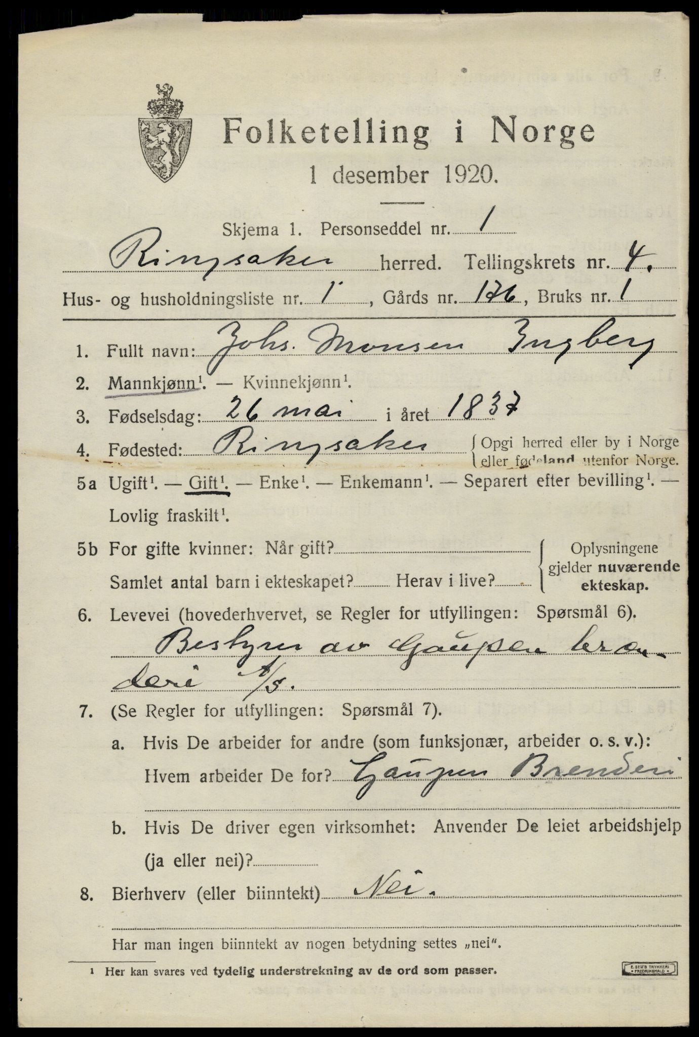 SAH, 1920 census for Ringsaker, 1920, p. 8564