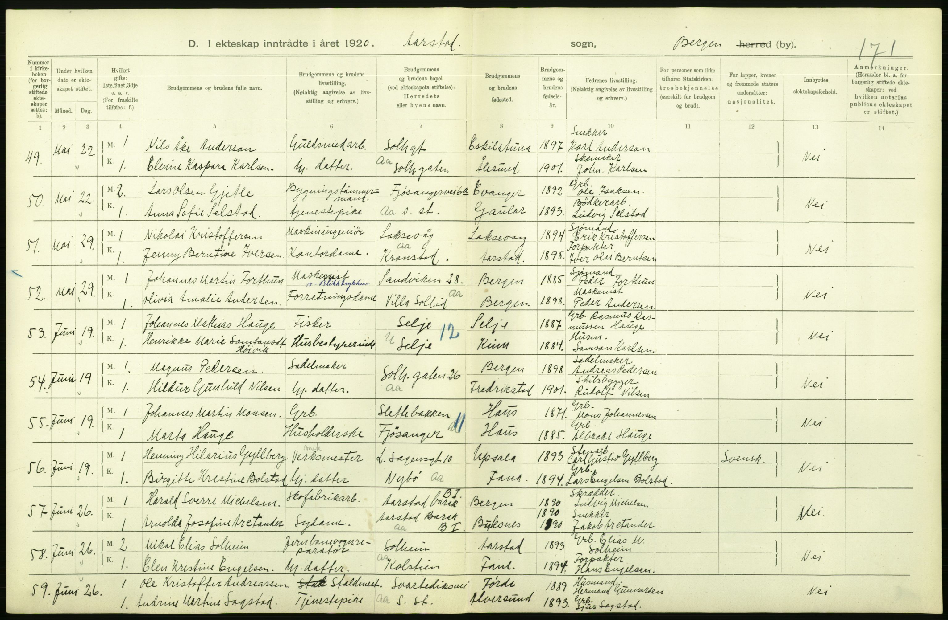 Statistisk sentralbyrå, Sosiodemografiske emner, Befolkning, AV/RA-S-2228/D/Df/Dfb/Dfbj/L0042: Bergen: Gifte, døde, dødfødte., 1920, p. 42