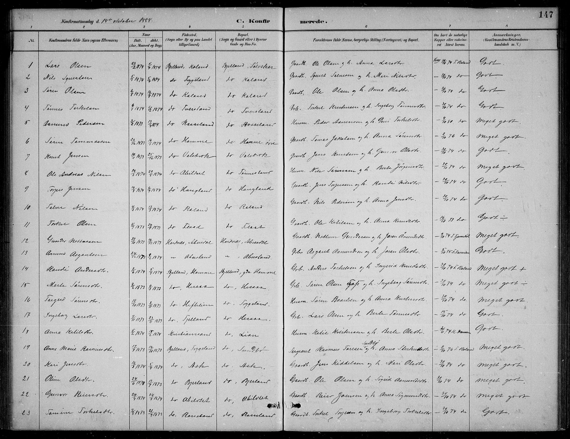 Bjelland sokneprestkontor, SAK/1111-0005/F/Fb/Fba/L0005: Parish register (copy) no. B 5, 1887-1923, p. 147