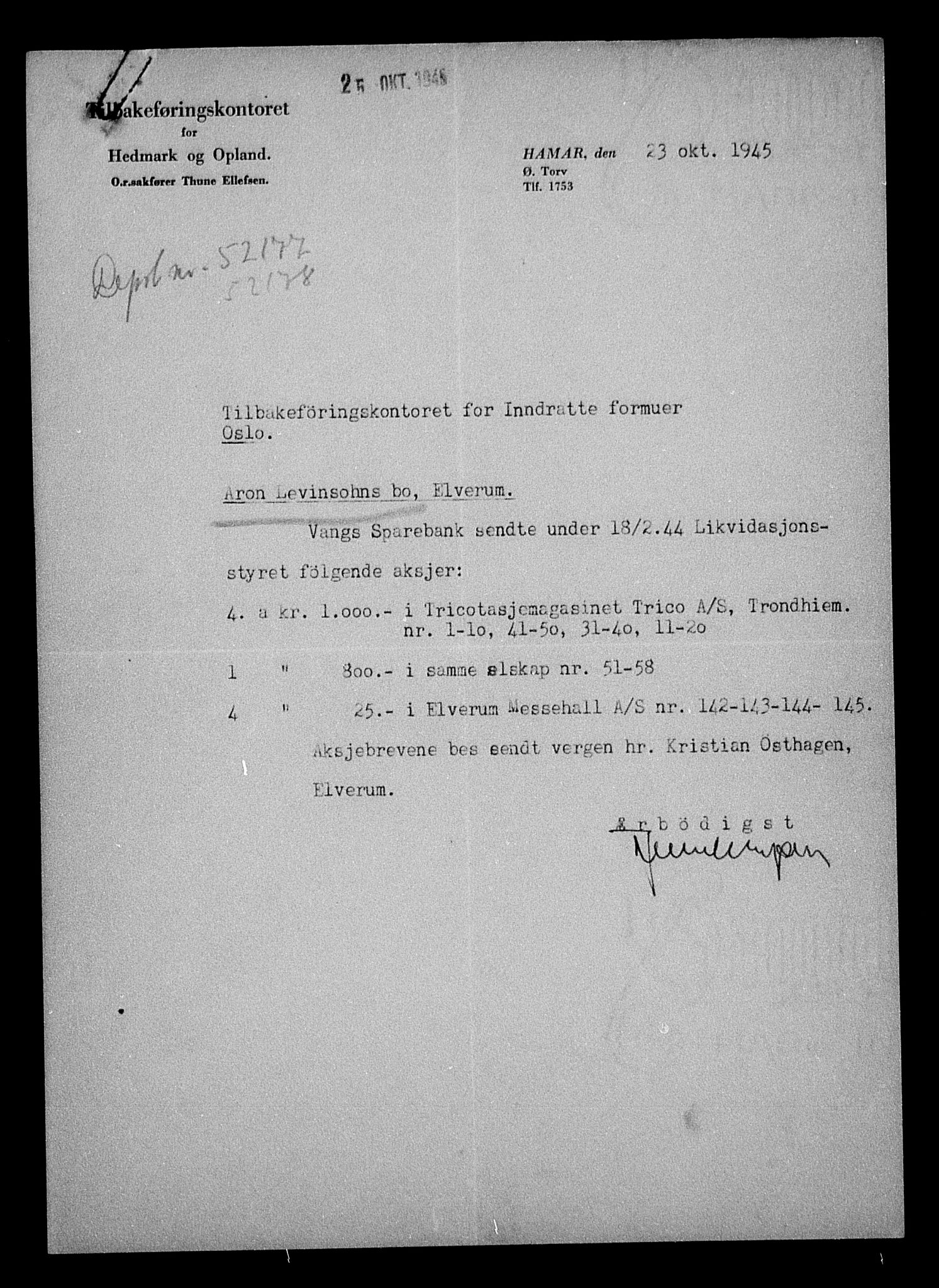 Justisdepartementet, Tilbakeføringskontoret for inndratte formuer, AV/RA-S-1564/H/Hc/Hcd/L1003: --, 1945-1947, p. 9