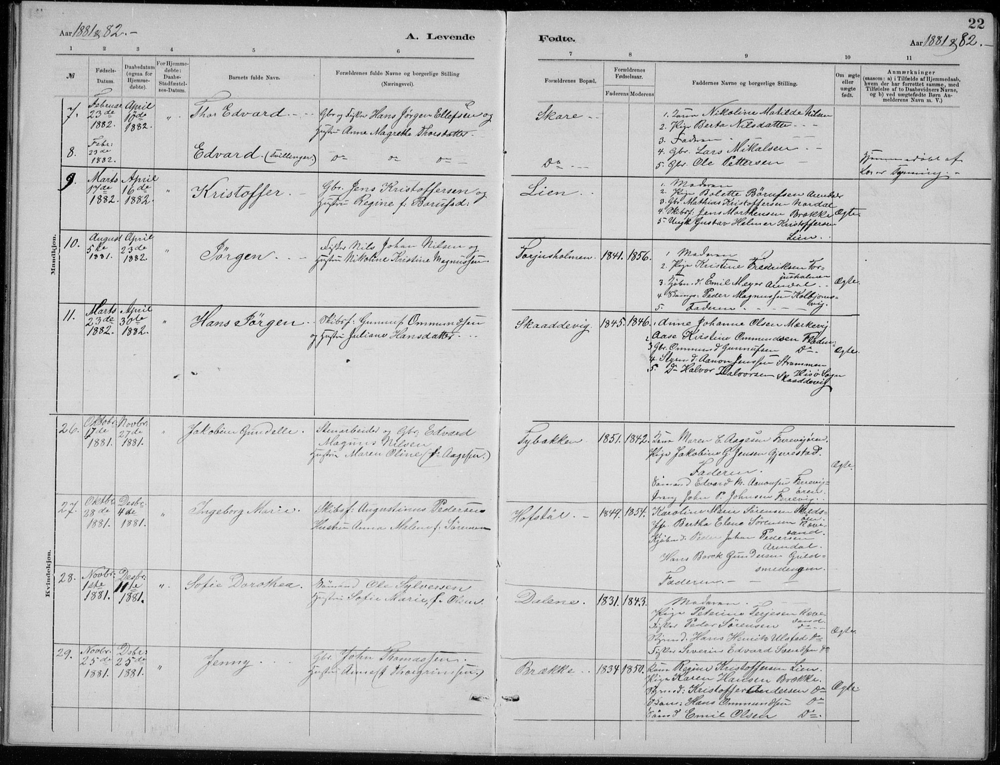 Tromøy sokneprestkontor, AV/SAK-1111-0041/F/Fb/L0005: Parish register (copy) no. B 5, 1877-1891, p. 22