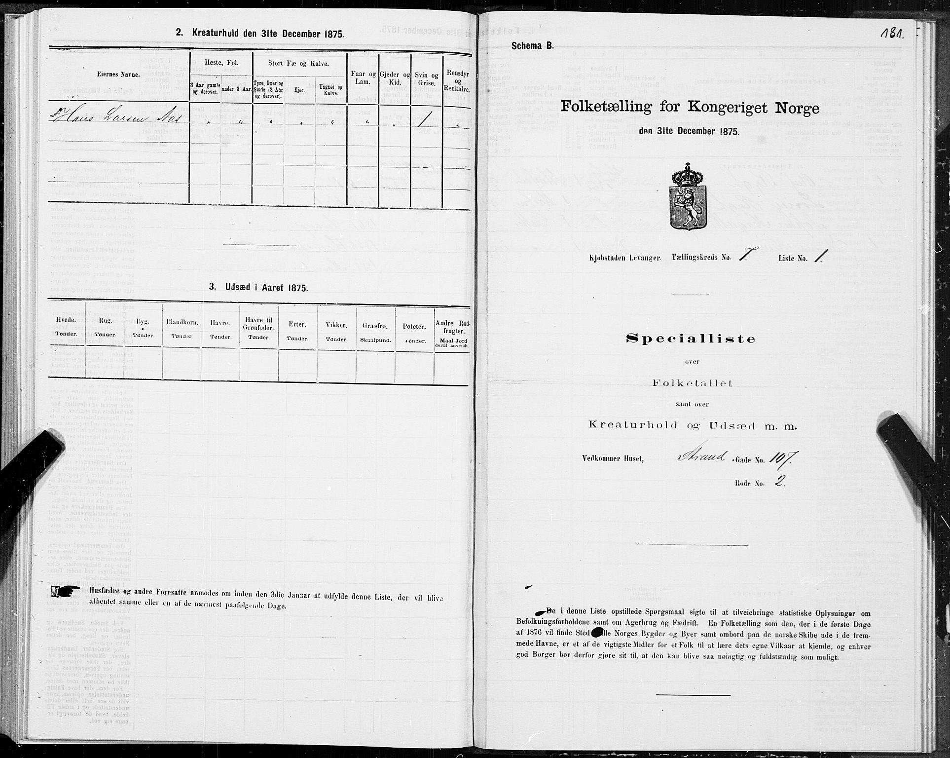 SAT, 1875 census for 1701B Levanger/Levanger, 1875, p. 181