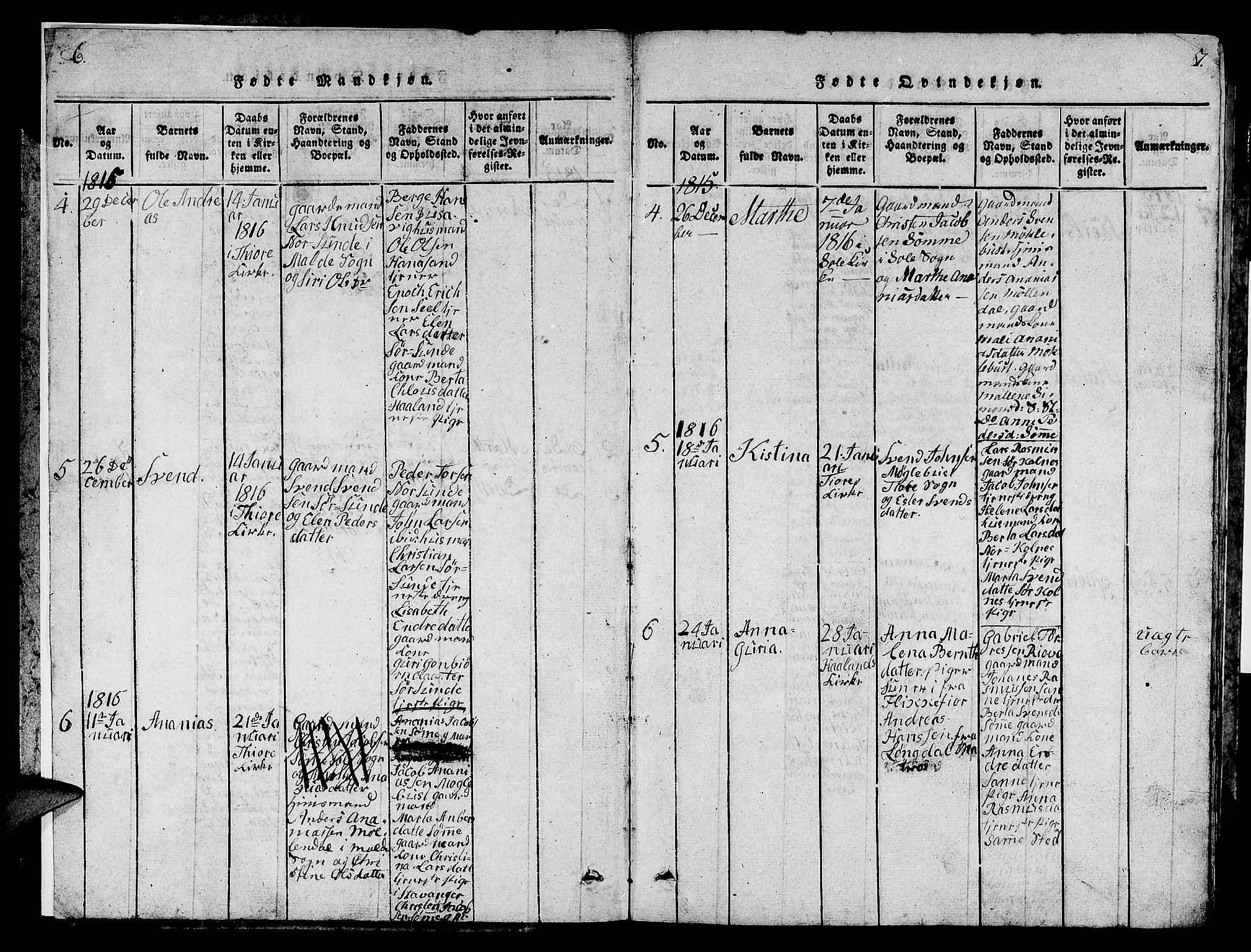 Håland sokneprestkontor, SAST/A-101802/001/30BB/L0001: Parish register (copy) no. B 1, 1815-1845, p. 6-7