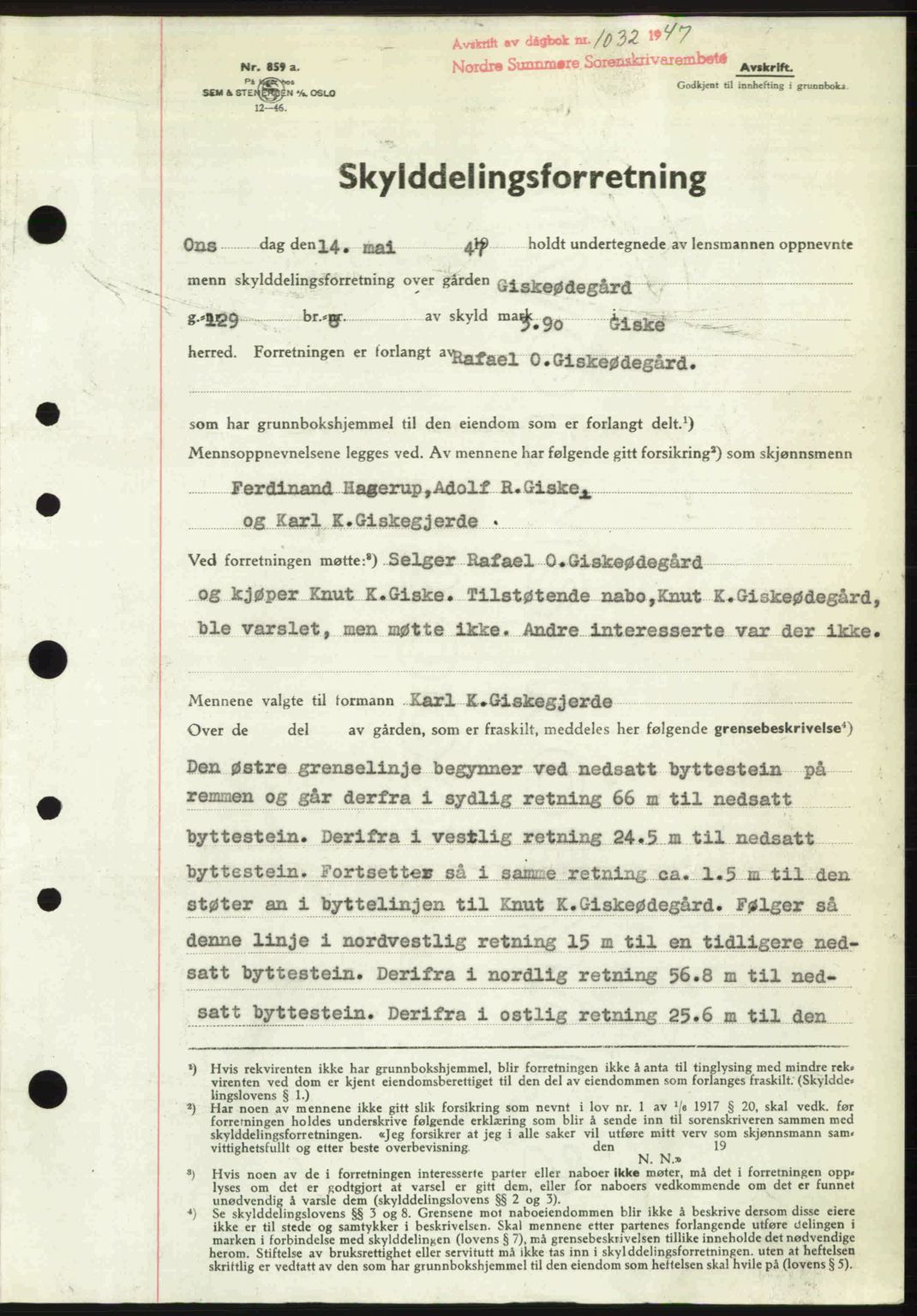 Nordre Sunnmøre sorenskriveri, AV/SAT-A-0006/1/2/2C/2Ca: Mortgage book no. A24, 1947-1947, Diary no: : 1032/1947