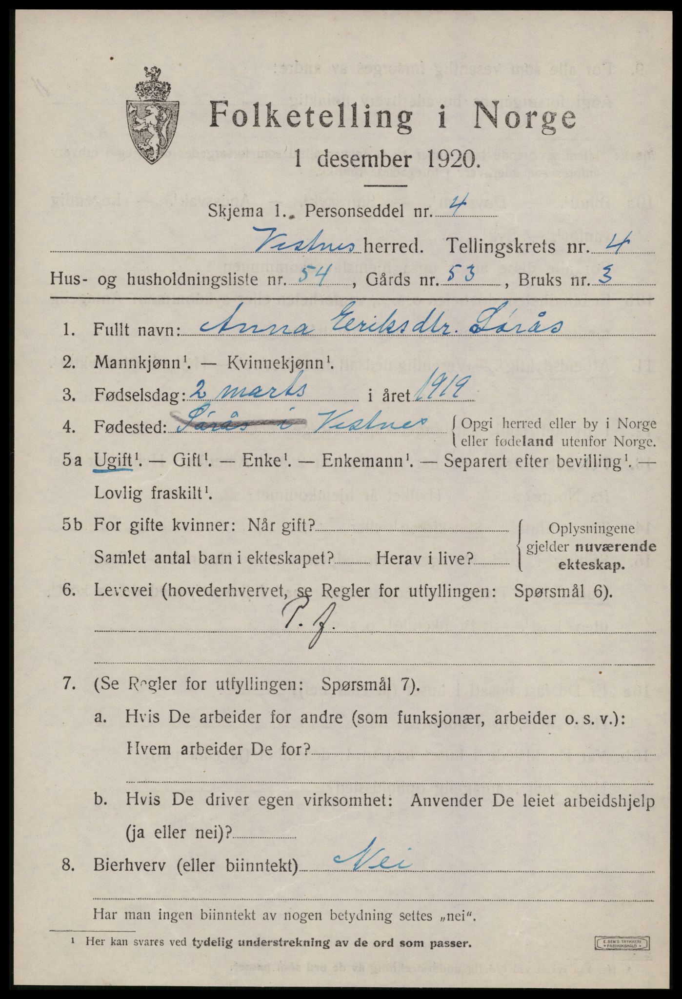 SAT, 1920 census for Vestnes, 1920, p. 3901
