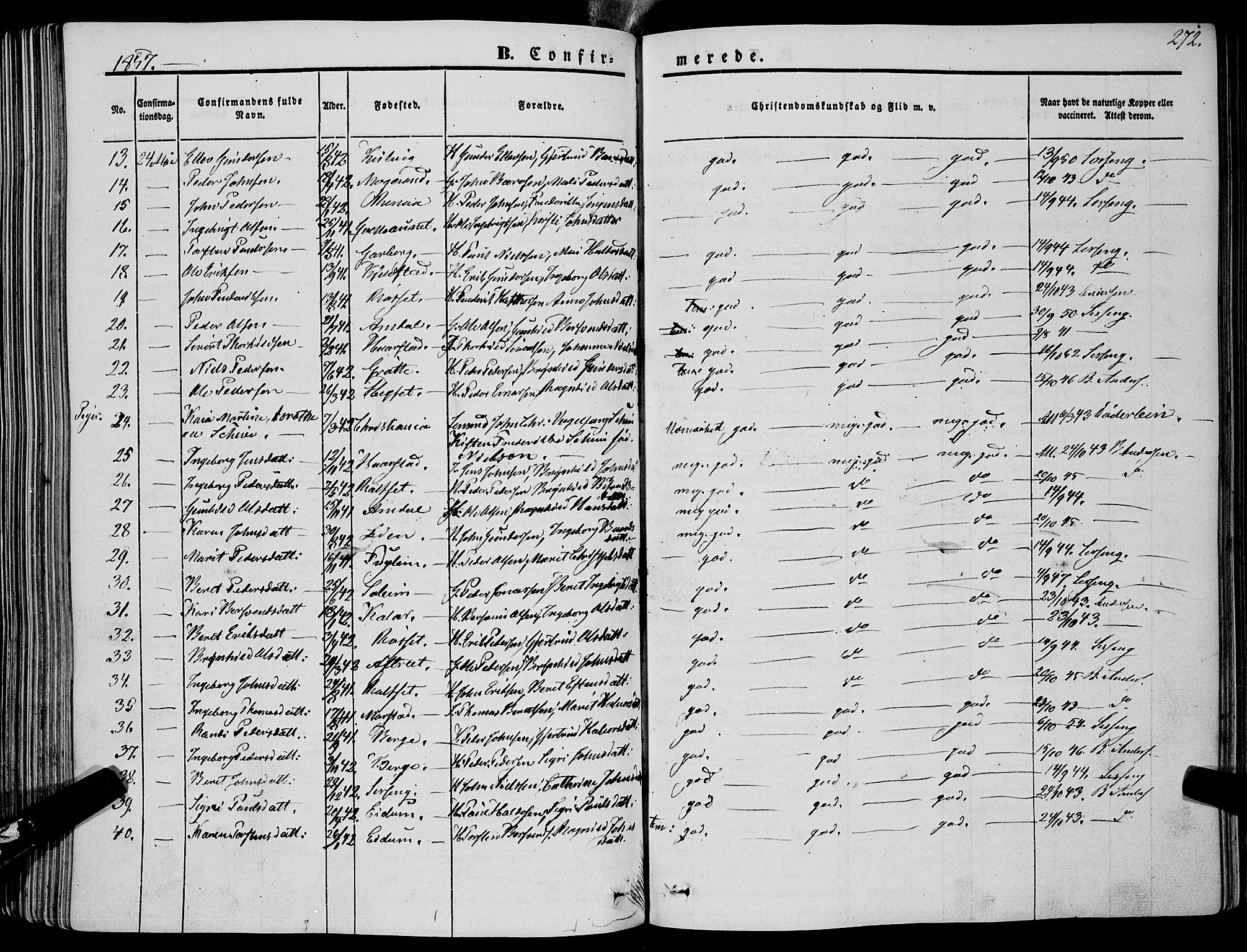 Ministerialprotokoller, klokkerbøker og fødselsregistre - Sør-Trøndelag, AV/SAT-A-1456/695/L1145: Parish register (official) no. 695A06 /1, 1843-1859, p. 272