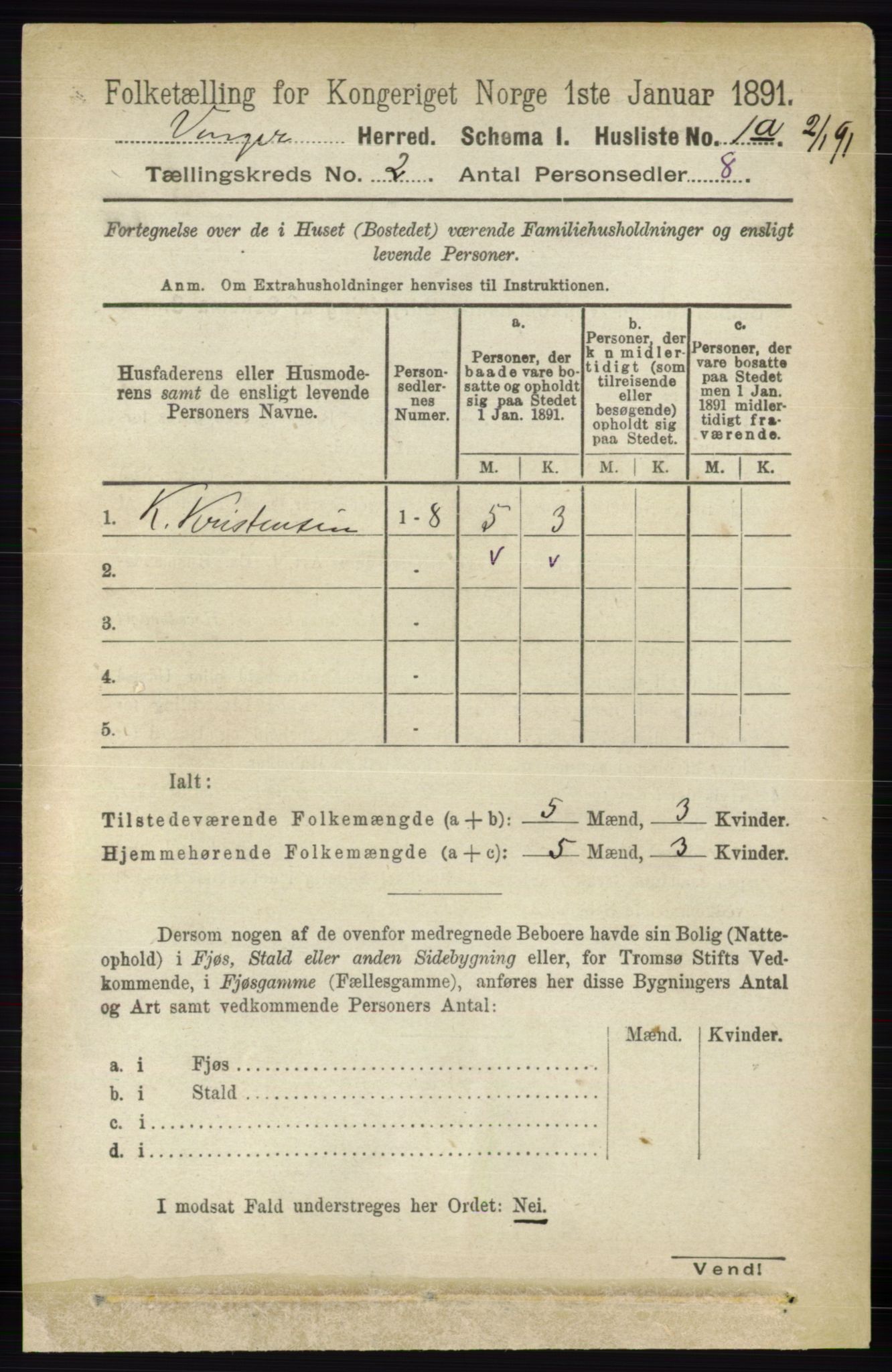 RA, 1891 census for 0421 Vinger, 1891, p. 397