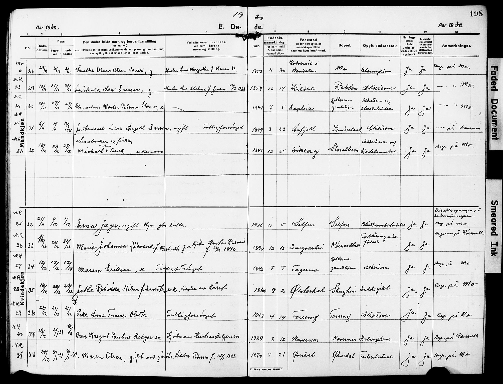 Ministerialprotokoller, klokkerbøker og fødselsregistre - Nordland, AV/SAT-A-1459/827/L0424: Parish register (copy) no. 827C13, 1921-1930, p. 198