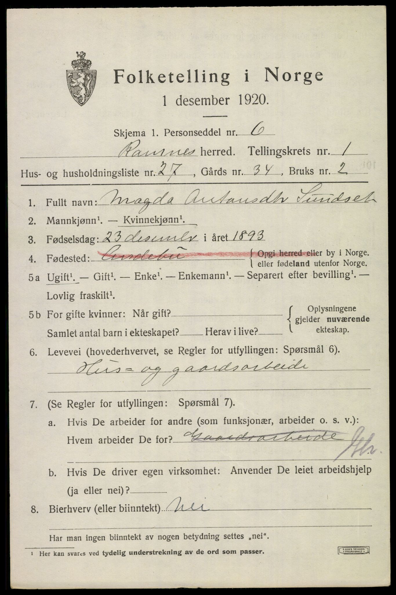 SAKO, 1920 census for Ramnes, 1920, p. 1478
