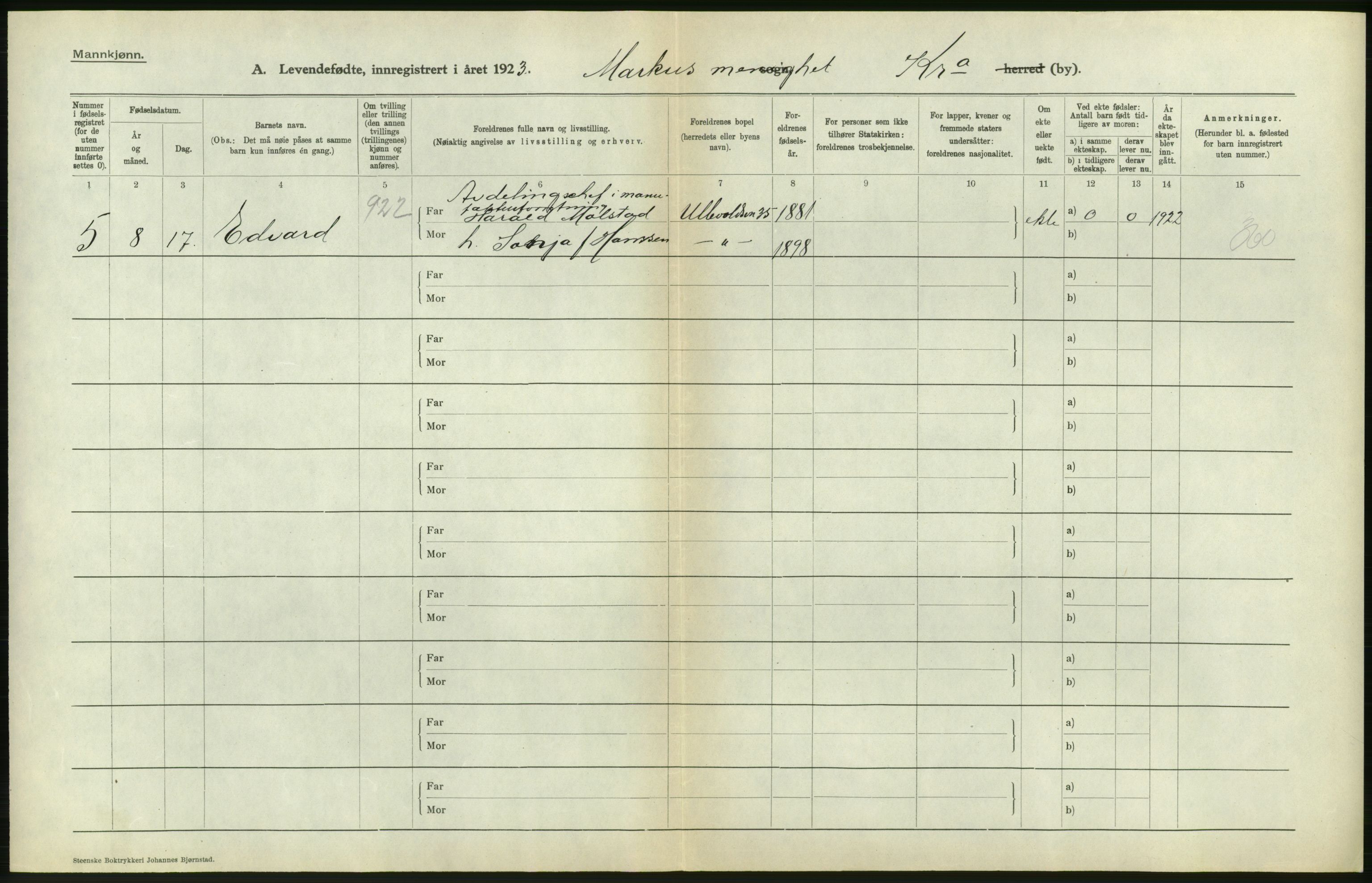 Statistisk sentralbyrå, Sosiodemografiske emner, Befolkning, RA/S-2228/D/Df/Dfc/Dfcc/L0007: Kristiania: Levendefødte menn og kvinner., 1923, p. 536