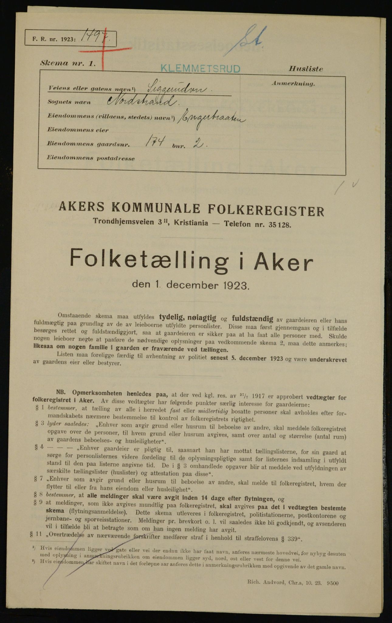 , Municipal Census 1923 for Aker, 1923, p. 45195