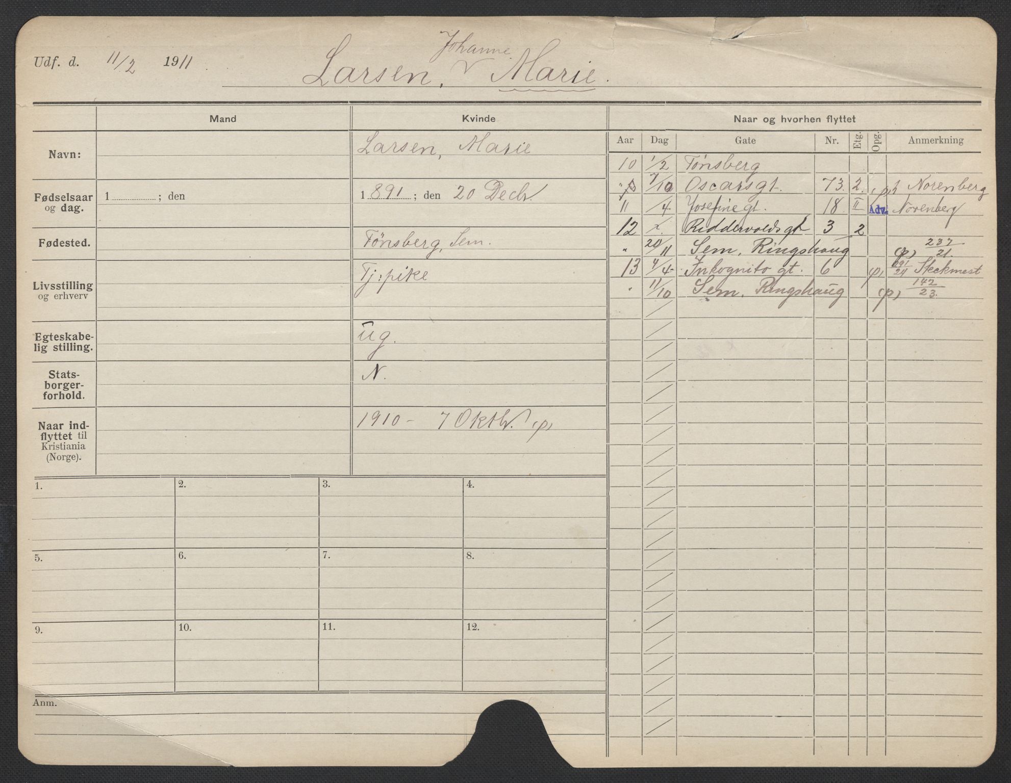 Oslo folkeregister, Registerkort, AV/SAO-A-11715/F/Fa/Fac/L0019: Kvinner, 1906-1914, p. 1081a