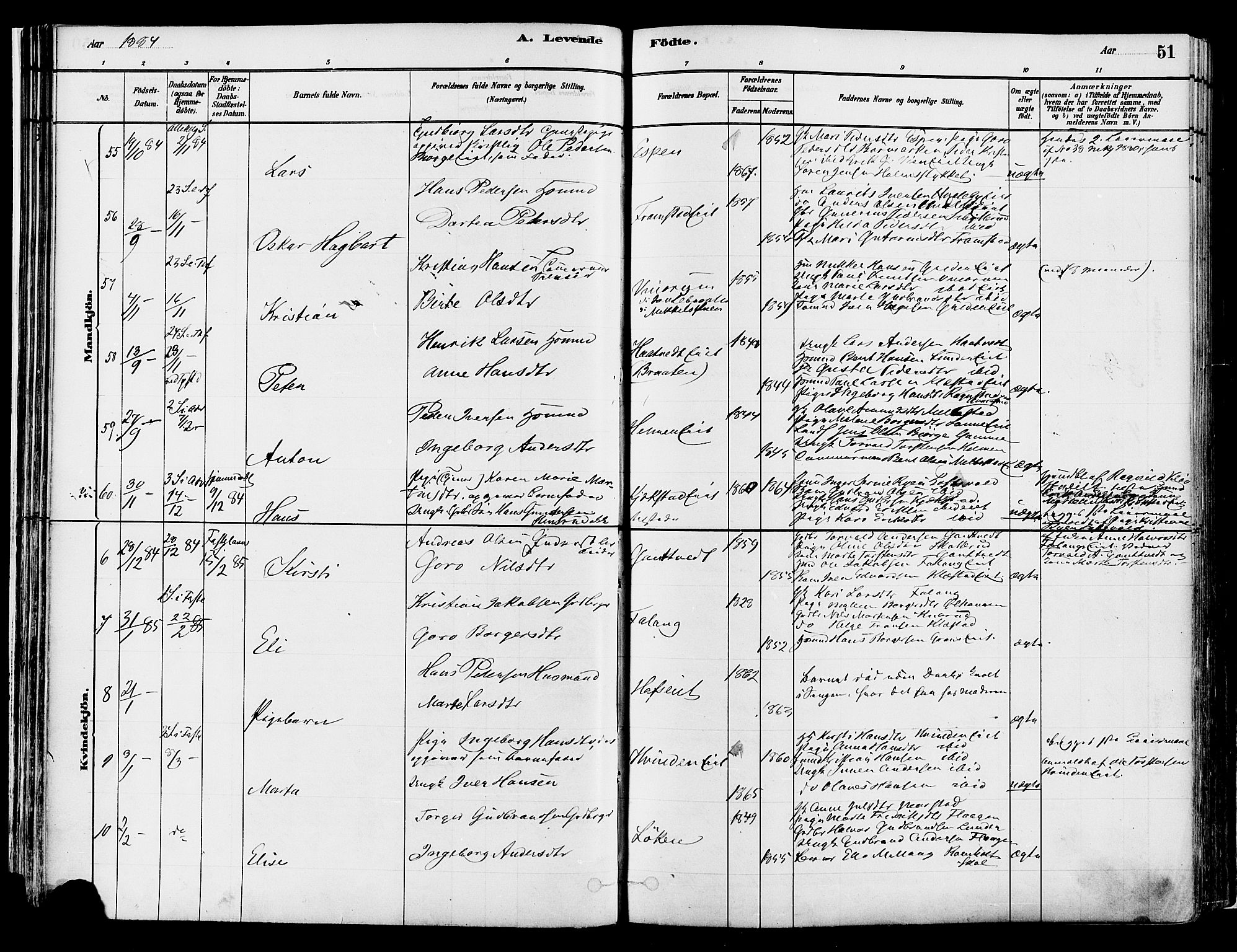 Gran prestekontor, SAH/PREST-112/H/Ha/Haa/L0014: Parish register (official) no. 14, 1880-1889, p. 51
