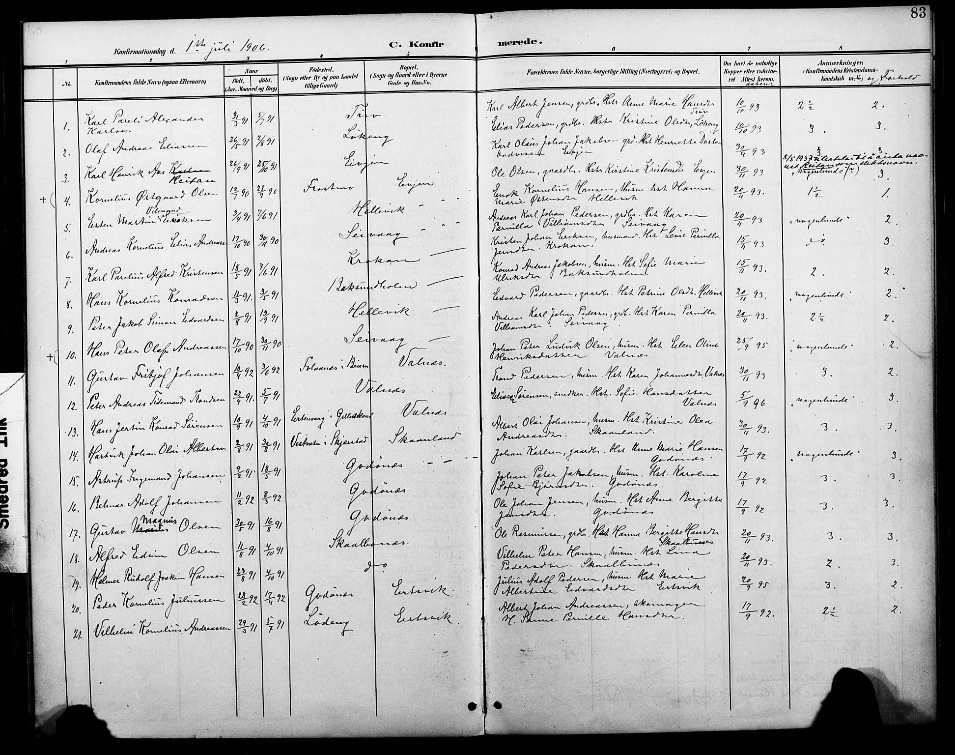 Ministerialprotokoller, klokkerbøker og fødselsregistre - Nordland, AV/SAT-A-1459/804/L0088: Parish register (copy) no. 804C01, 1901-1917, p. 83