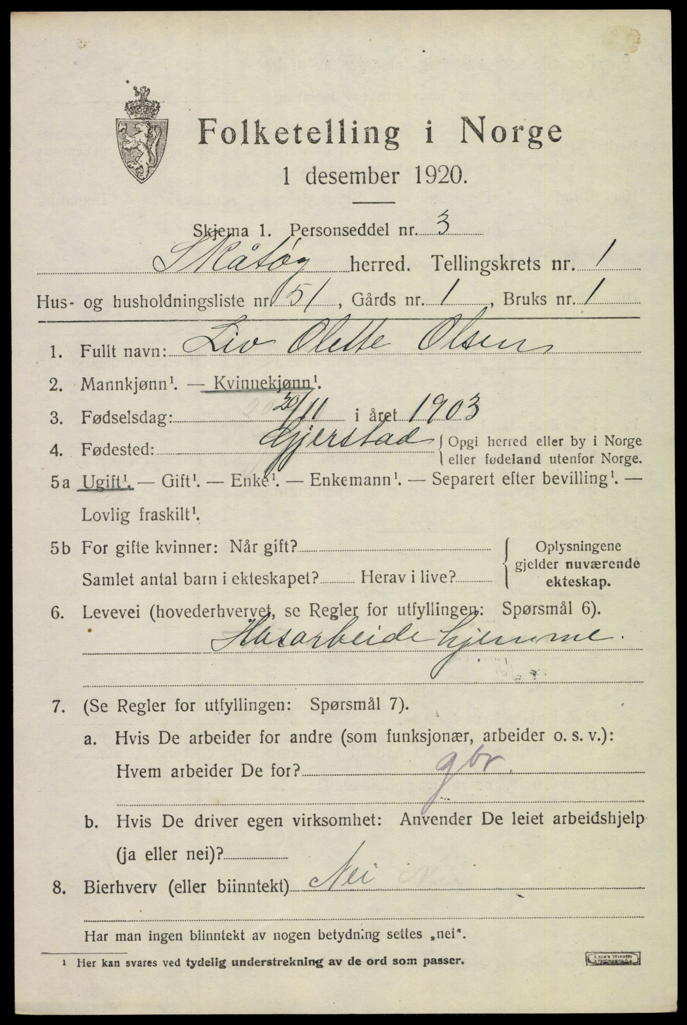 SAKO, 1920 census for Skåtøy, 1920, p. 2220
