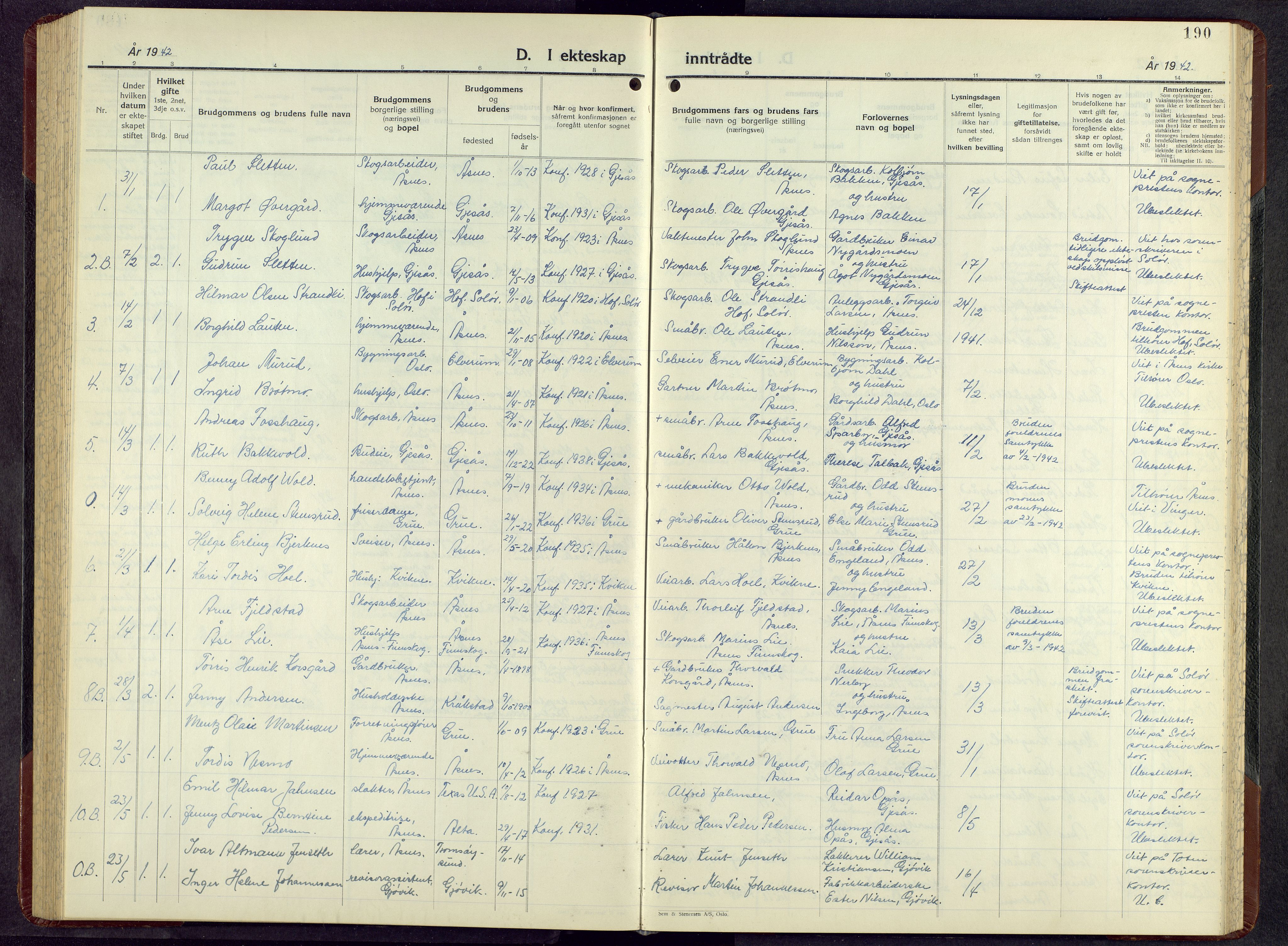 Åsnes prestekontor, AV/SAH-PREST-042/H/Ha/Hab/L0010: Parish register (copy) no. 10, 1941-1962, p. 190