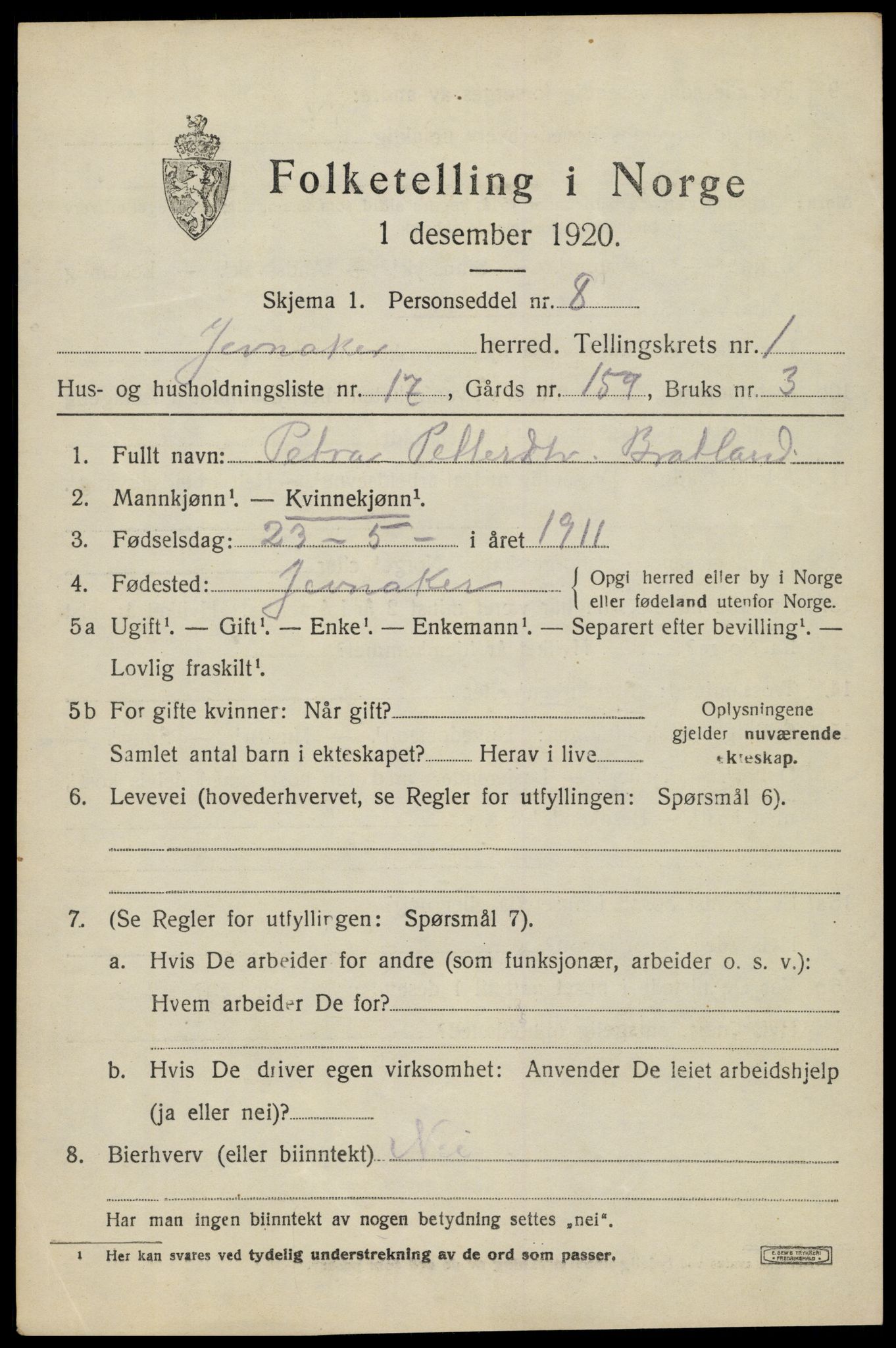 SAH, 1920 census for Jevnaker, 1920, p. 1405