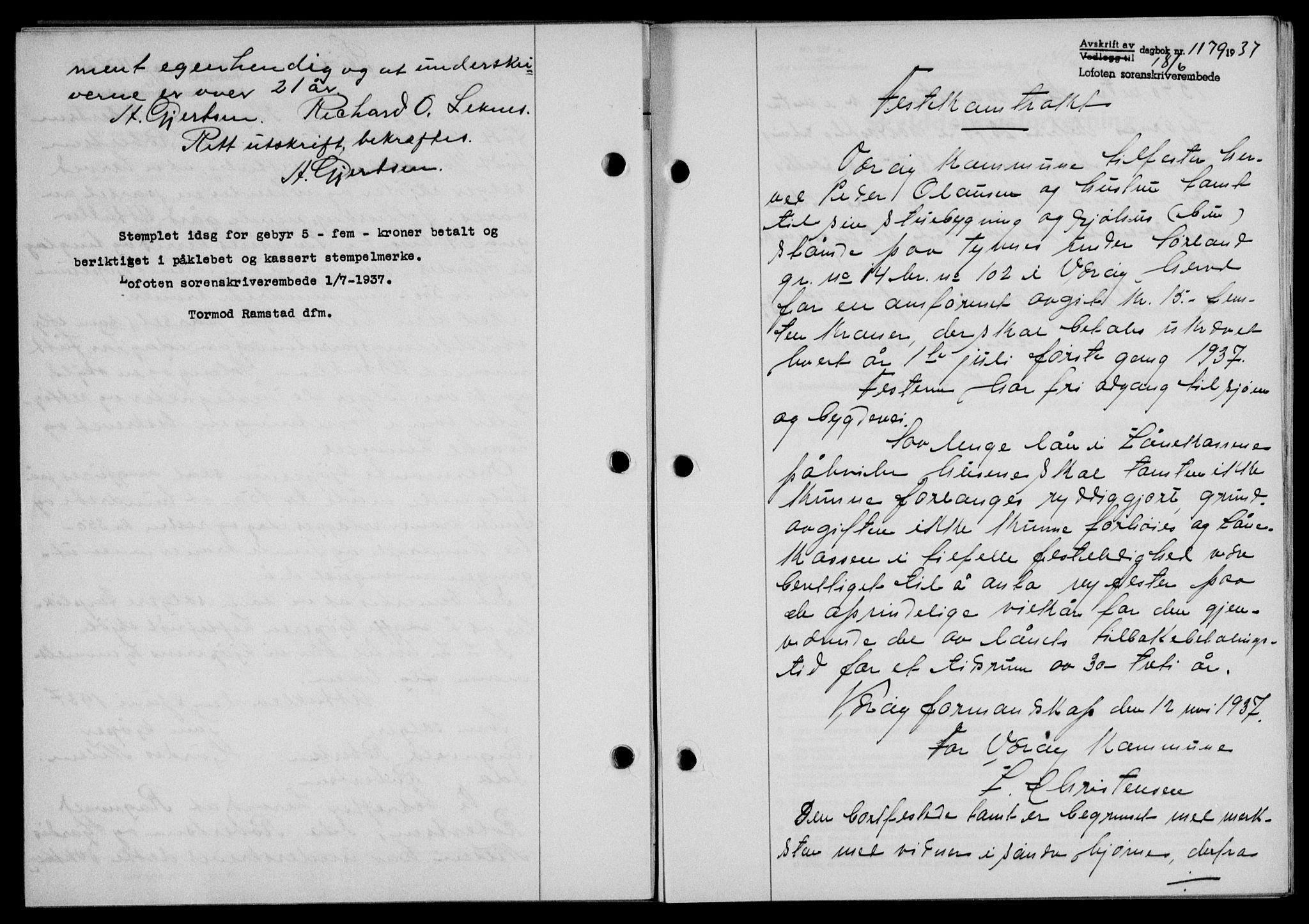 Lofoten sorenskriveri, SAT/A-0017/1/2/2C/L0002a: Mortgage book no. 2a, 1937-1937, Diary no: : 1179/1937