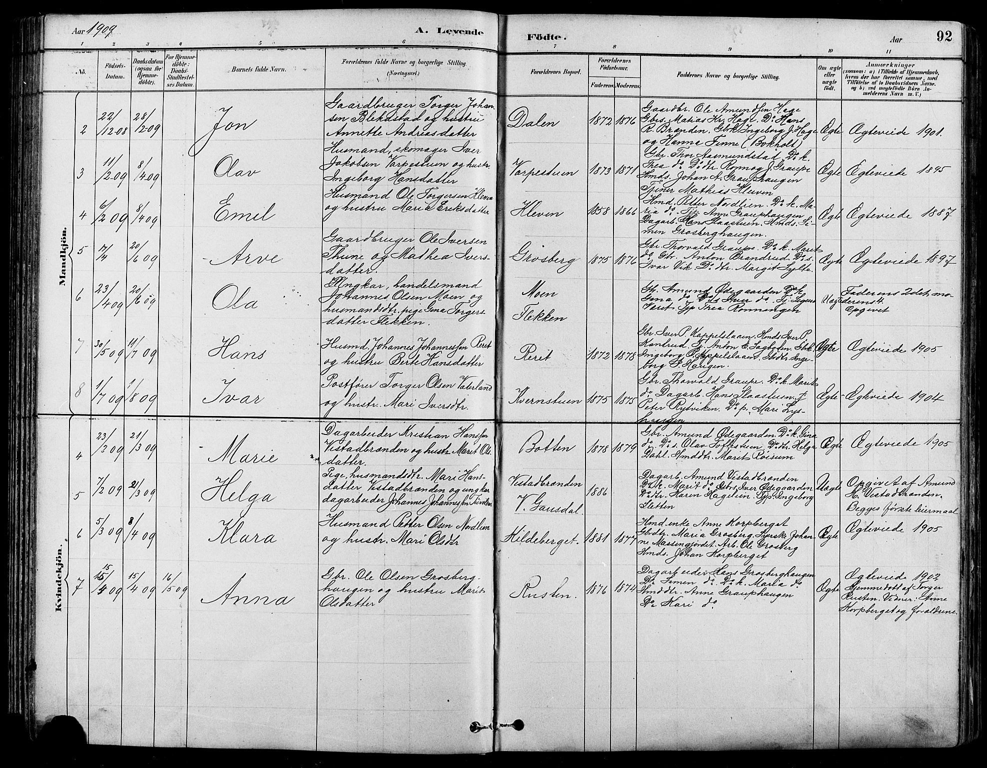 Nord-Fron prestekontor, SAH/PREST-080/H/Ha/Hab/L0005: Parish register (copy) no. 5, 1884-1914, p. 92