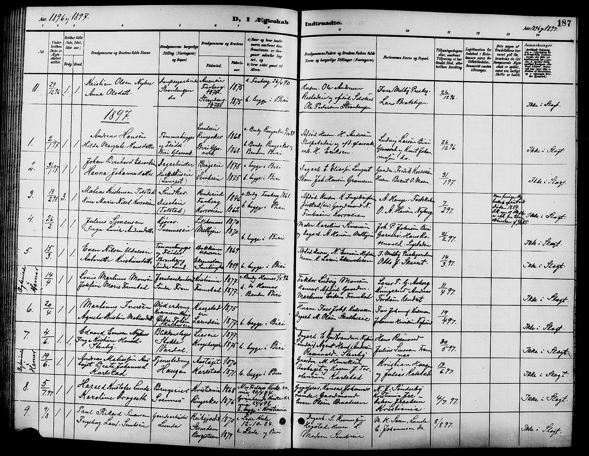 Biri prestekontor, SAH/PREST-096/H/Ha/Hab/L0004: Parish register (copy) no. 4, 1892-1909, p. 187