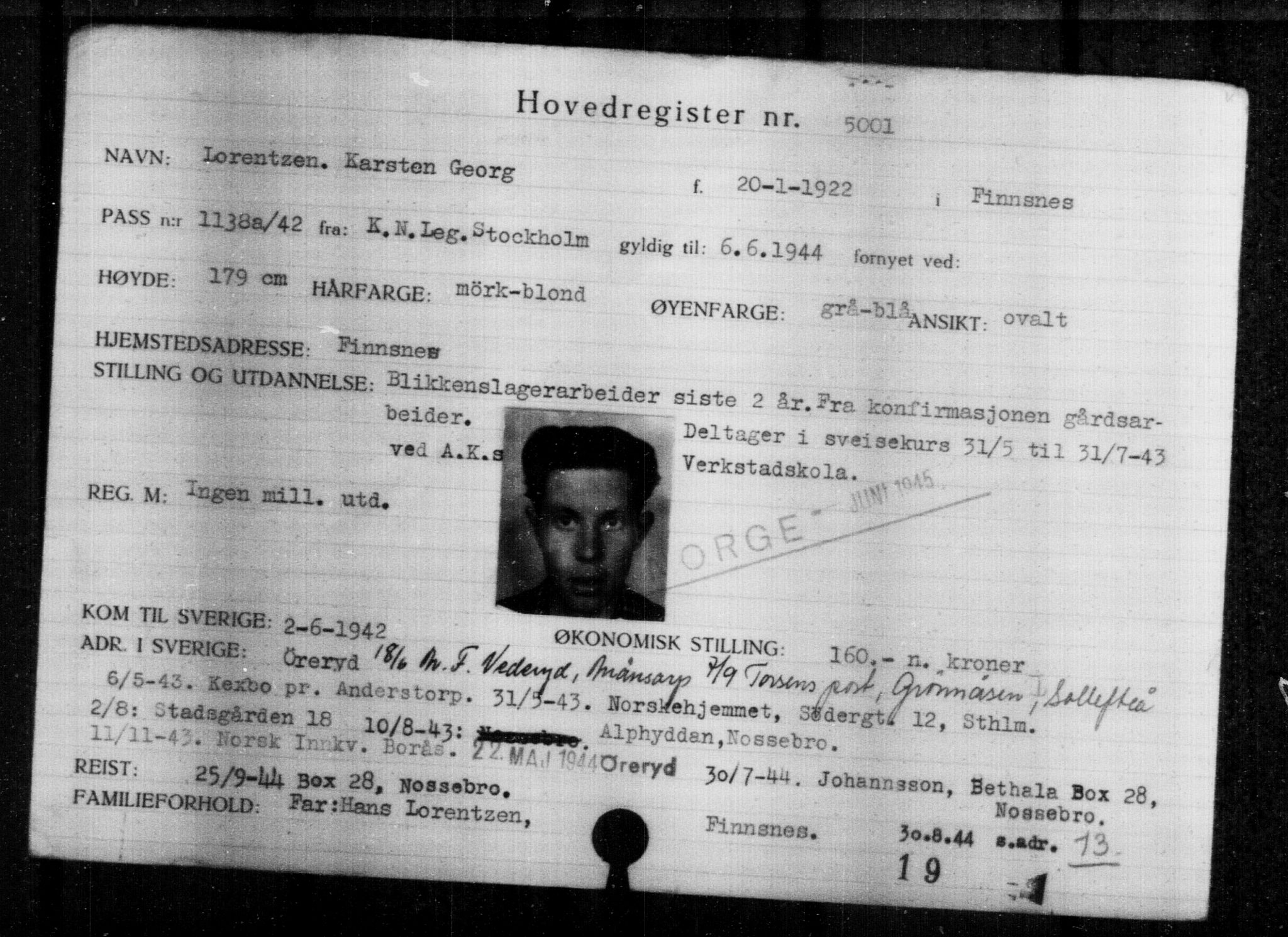 Utenriksstasjonene, Legasjonen i Stockholm, Flyktningkontoret, AV/RA-S-6753/V/Va/L0004: Kjesäterkartoteket, flyktninger med registreringsnr. 3496-6610, 1940-1945, p. 1784