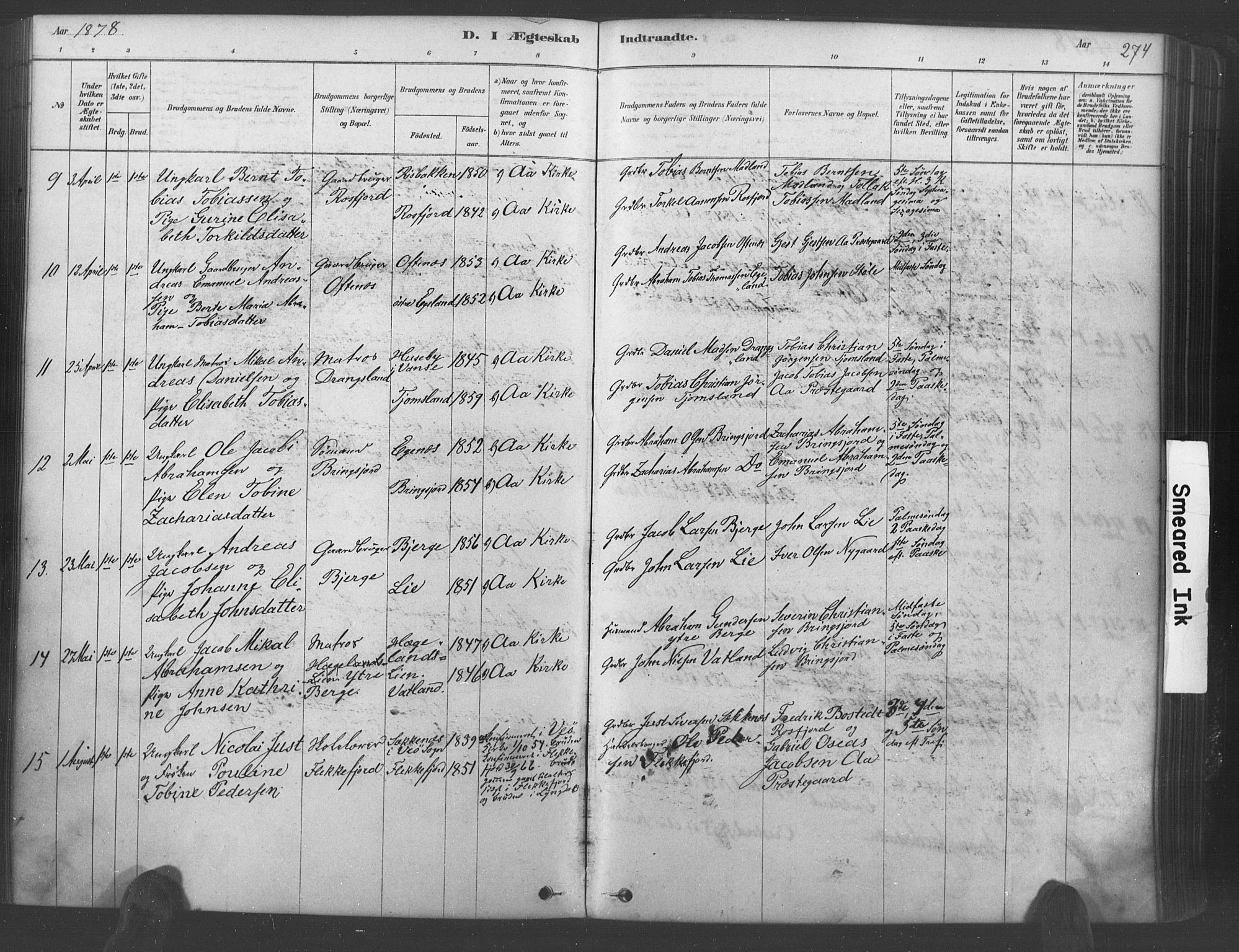 Lyngdal sokneprestkontor, AV/SAK-1111-0029/F/Fa/Fac/L0011: Parish register (official) no. A 11, 1878-1893, p. 274